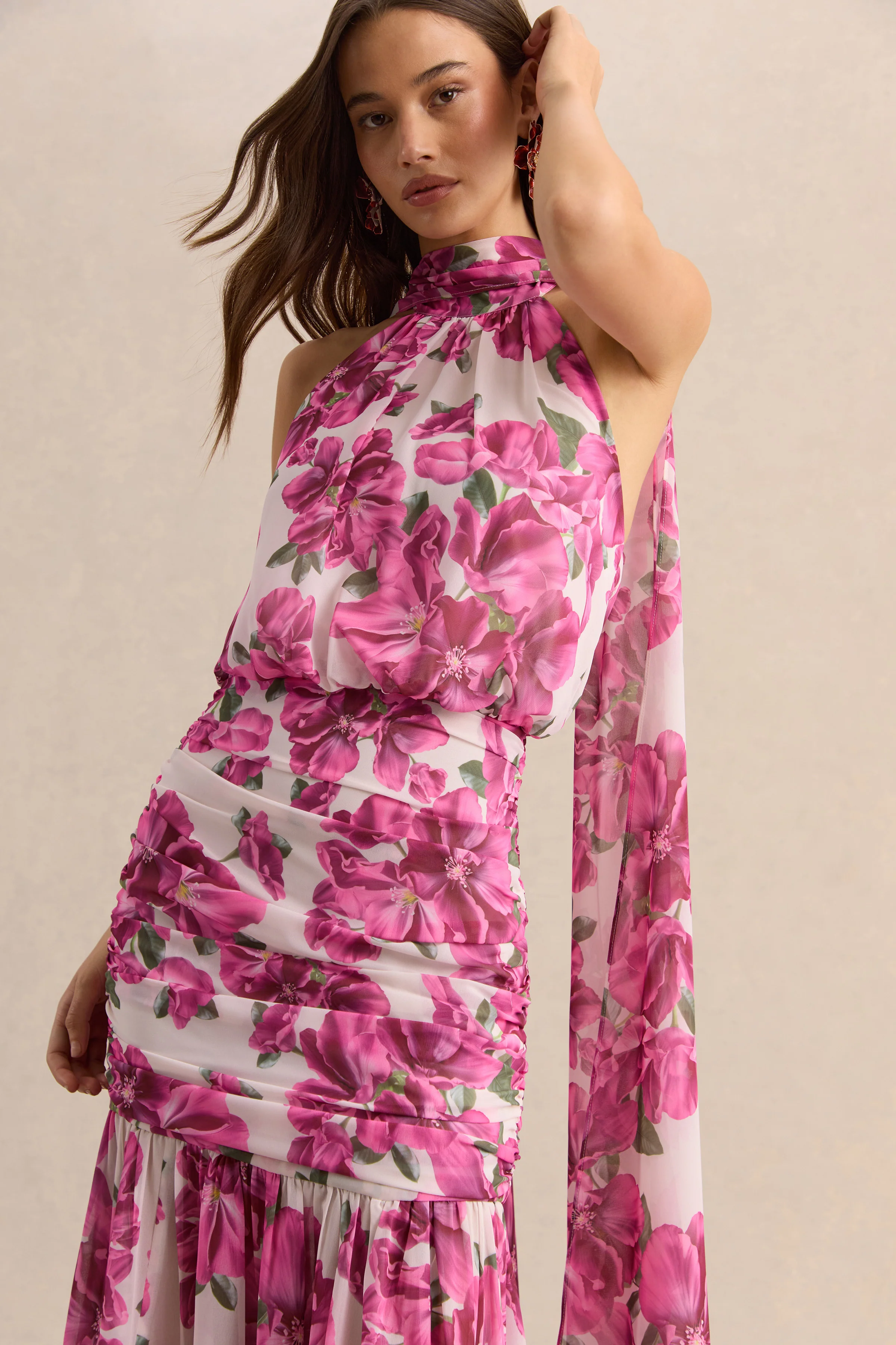 Veronique | Pink Hibiscus Floral Halter-Neck Maxi Dress - Image 3