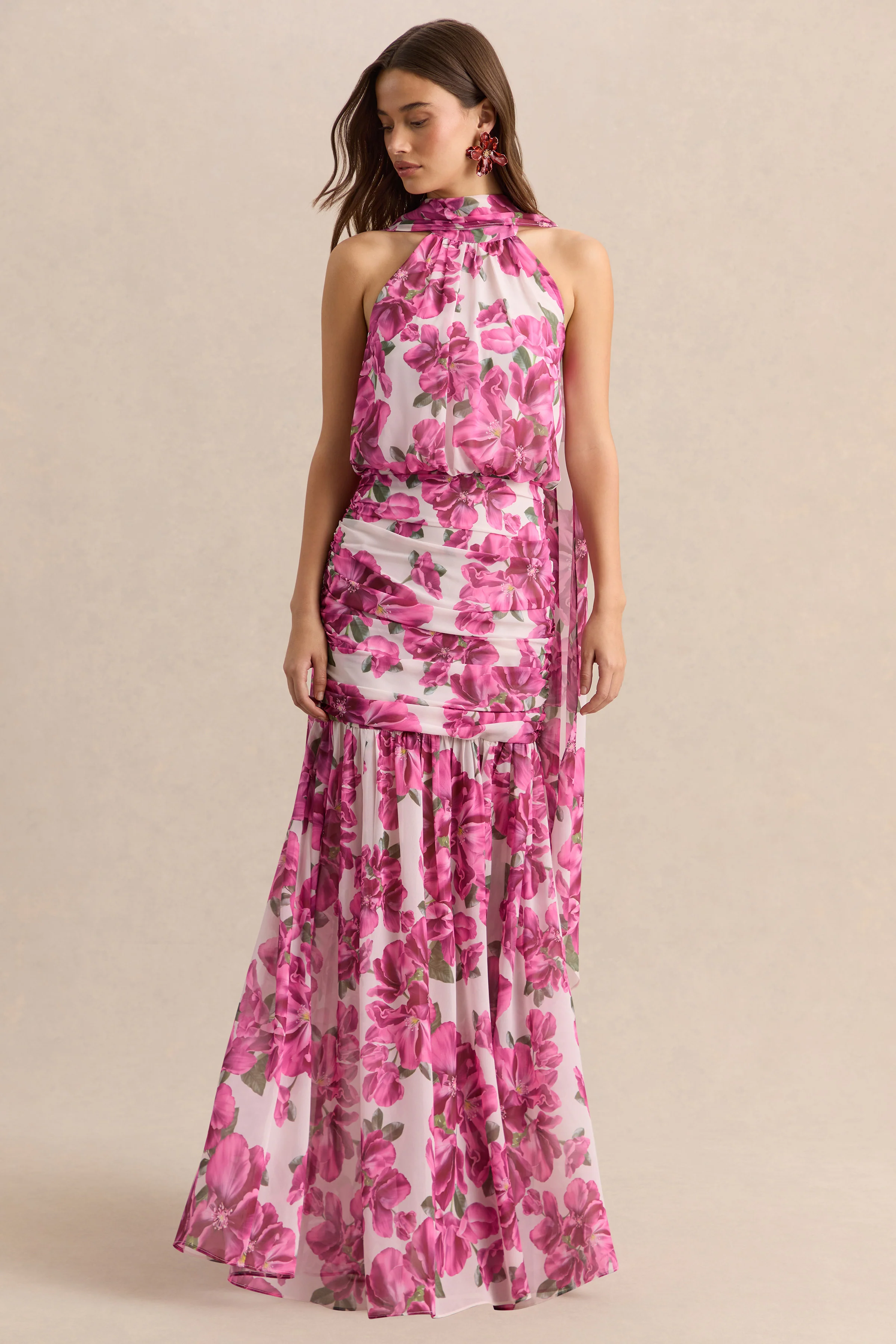 Veronique | Pink Hibiscus Floral Halter-Neck Maxi Dress - Image 5