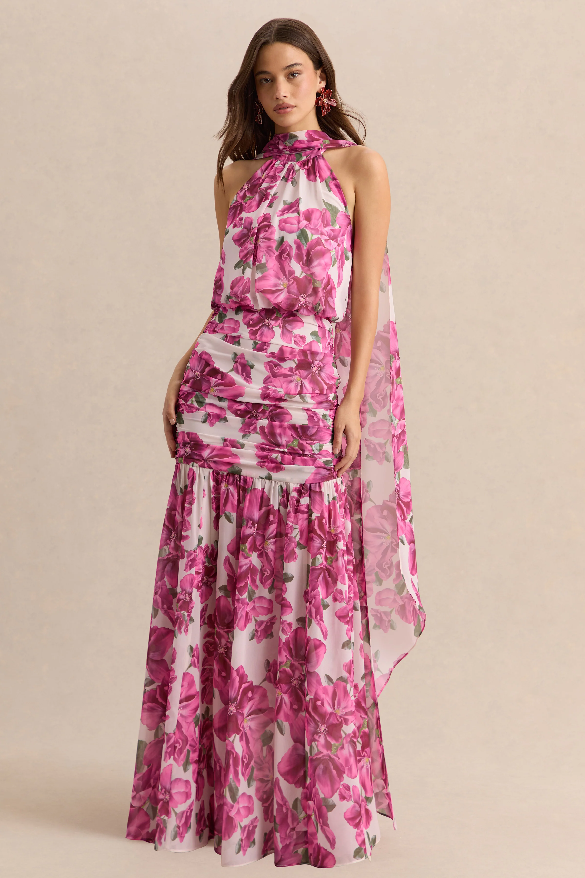 Veronique | Pink Hibiscus Floral Halter-Neck Maxi Dress - Image 6