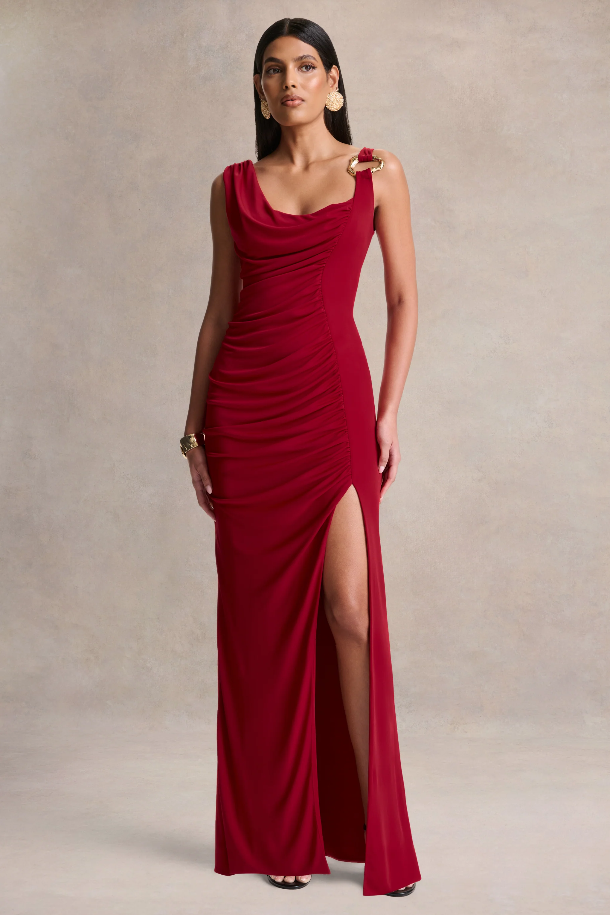 Vesperelle | Red Scoop-Neck Maxi Dress With Gathered-Detailing - Image 5