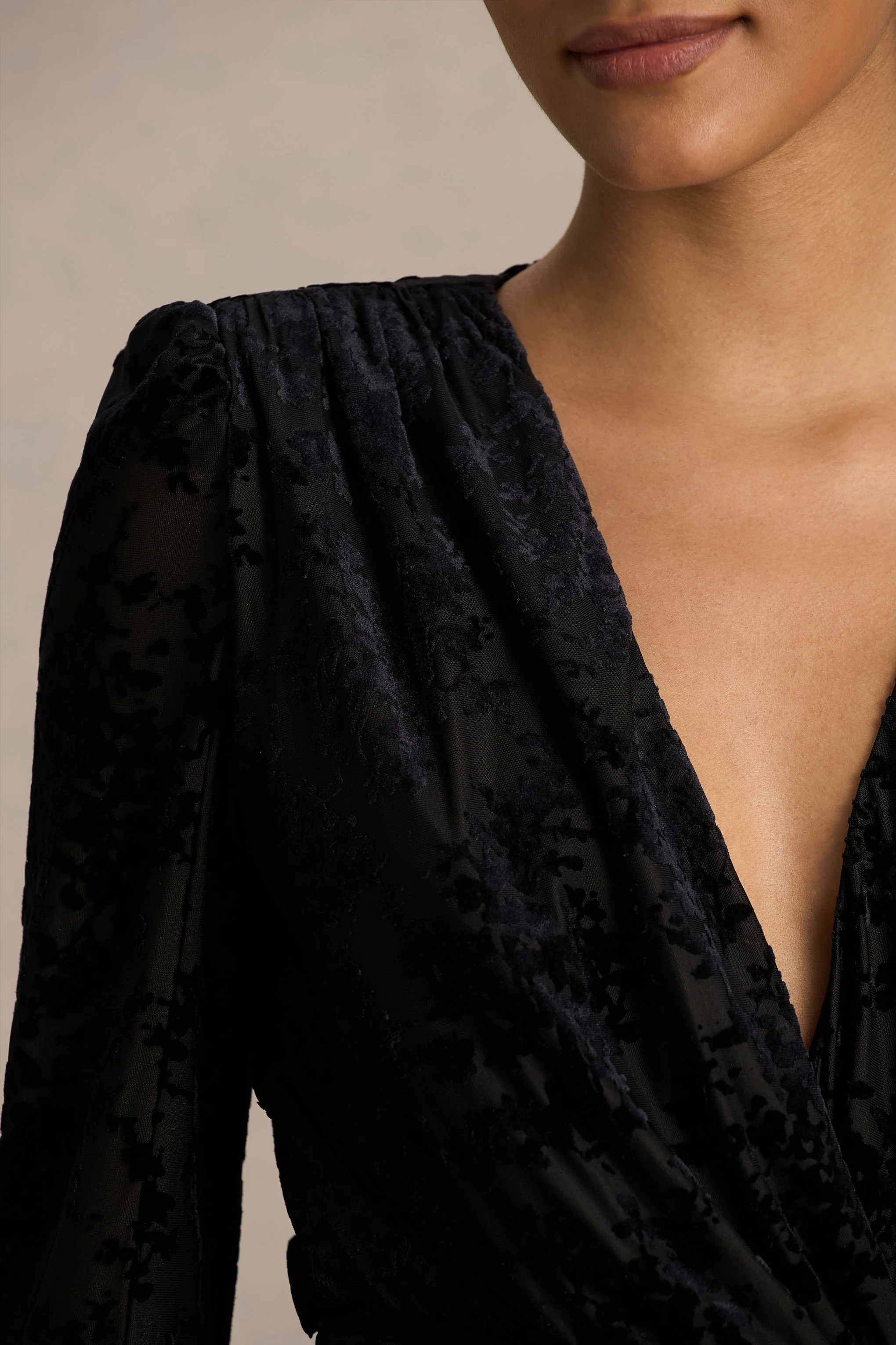 Vicenta | Black Velvet Devore Plunge-Neck Wrap Mini Dress - Image 6