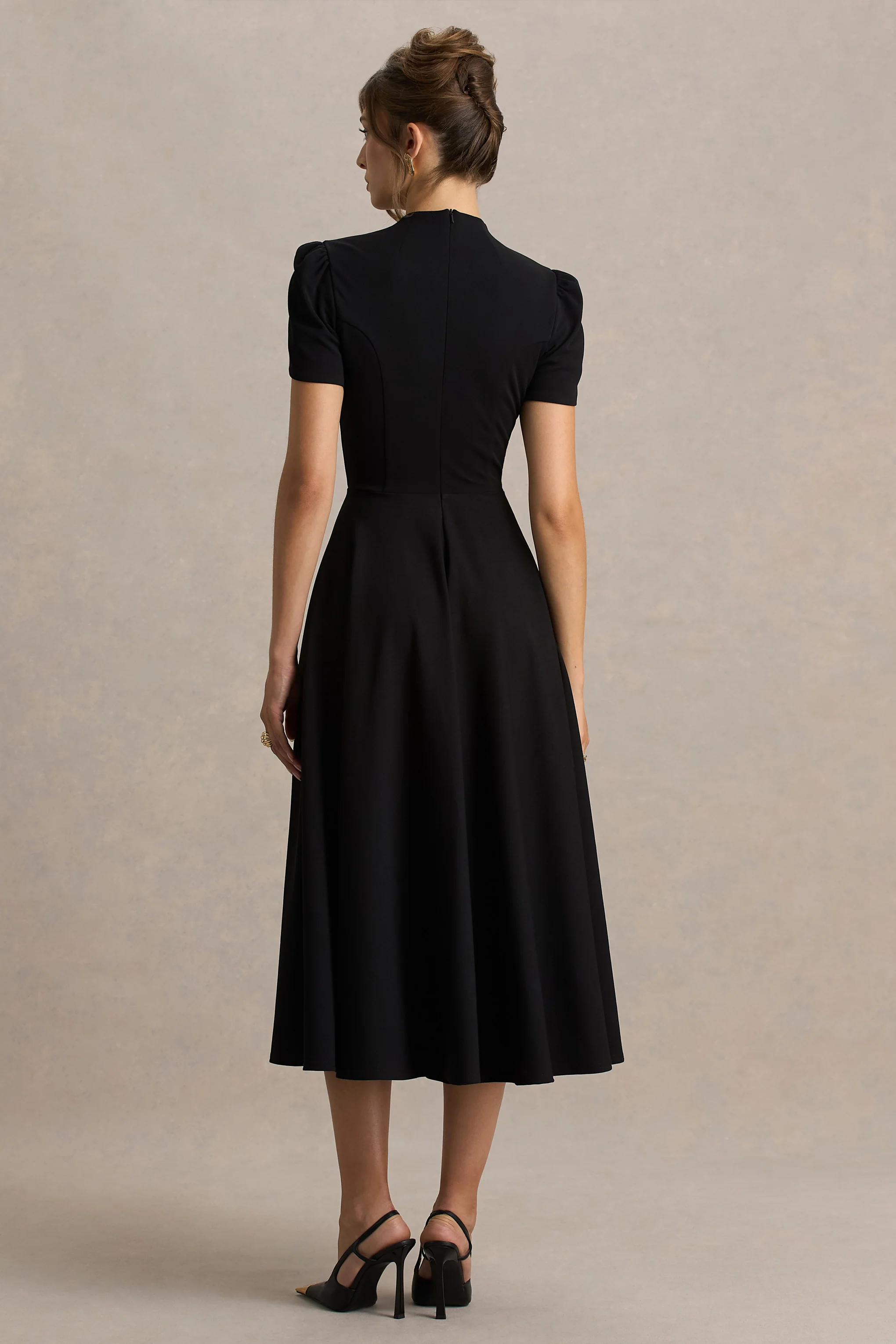 Vicky | Black High Neck Midi Dress With Puff Sleeves - Image 2