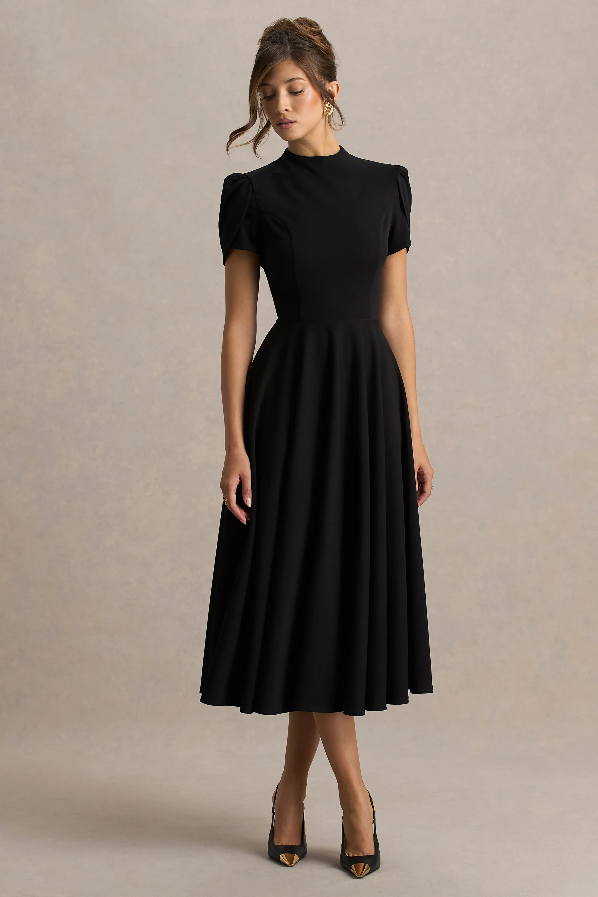 Vicky | Black High Neck Midi Dress With Puff Sleeves - Image 3