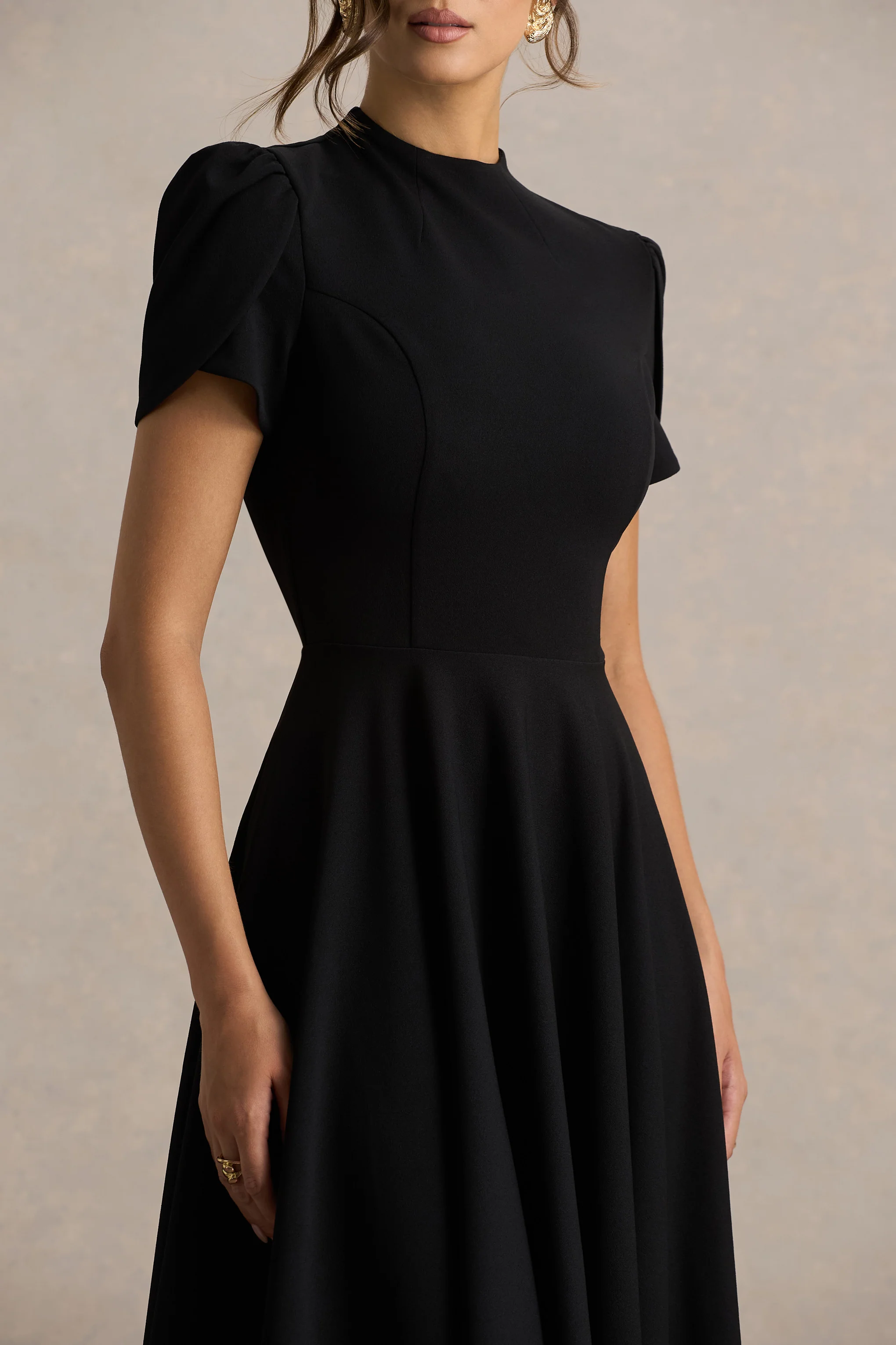 Vicky | Black High Neck Midi Dress With Puff Sleeves - Image 4