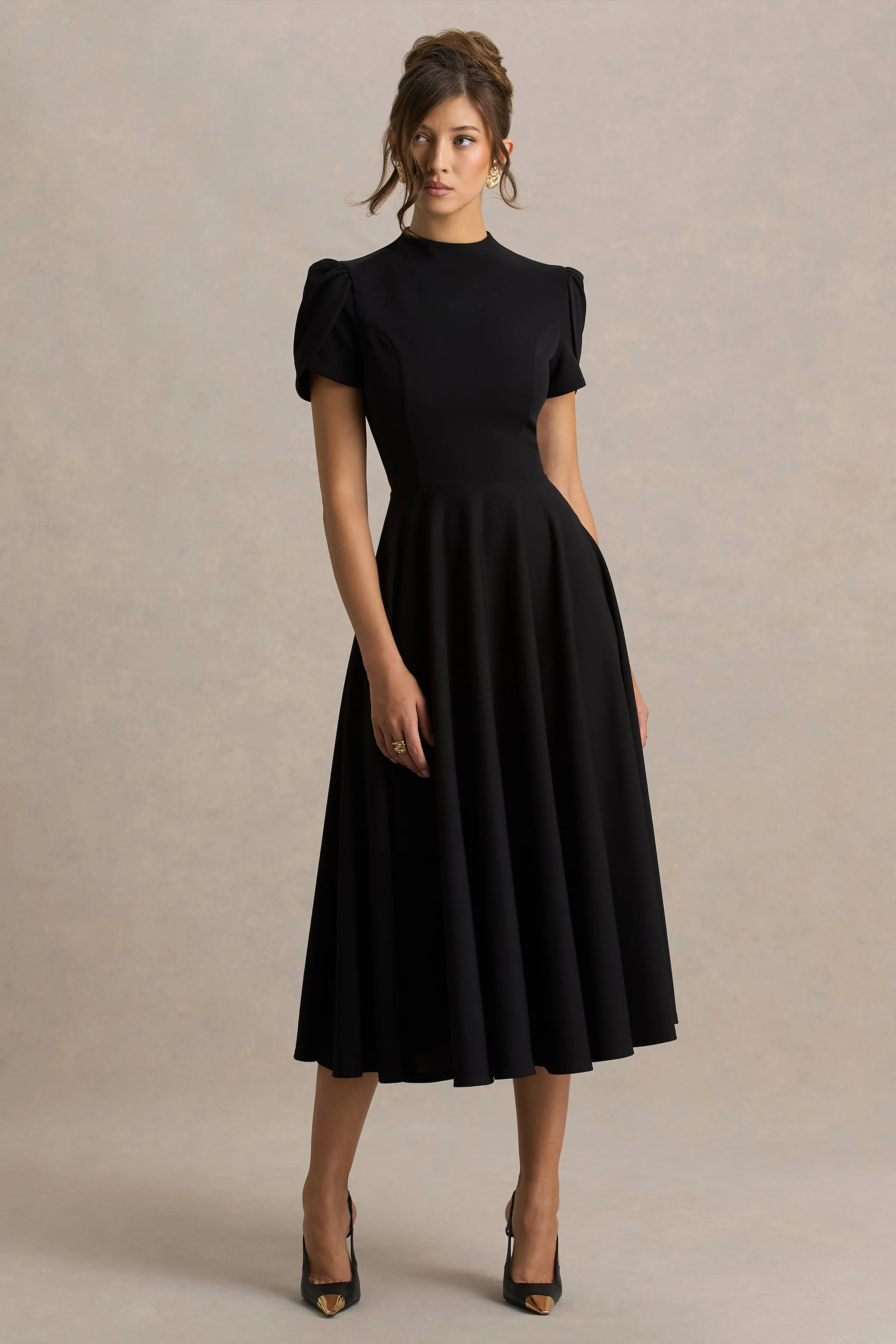 Vicky | Black High Neck Midi Dress With Puff Sleeves - Image 5