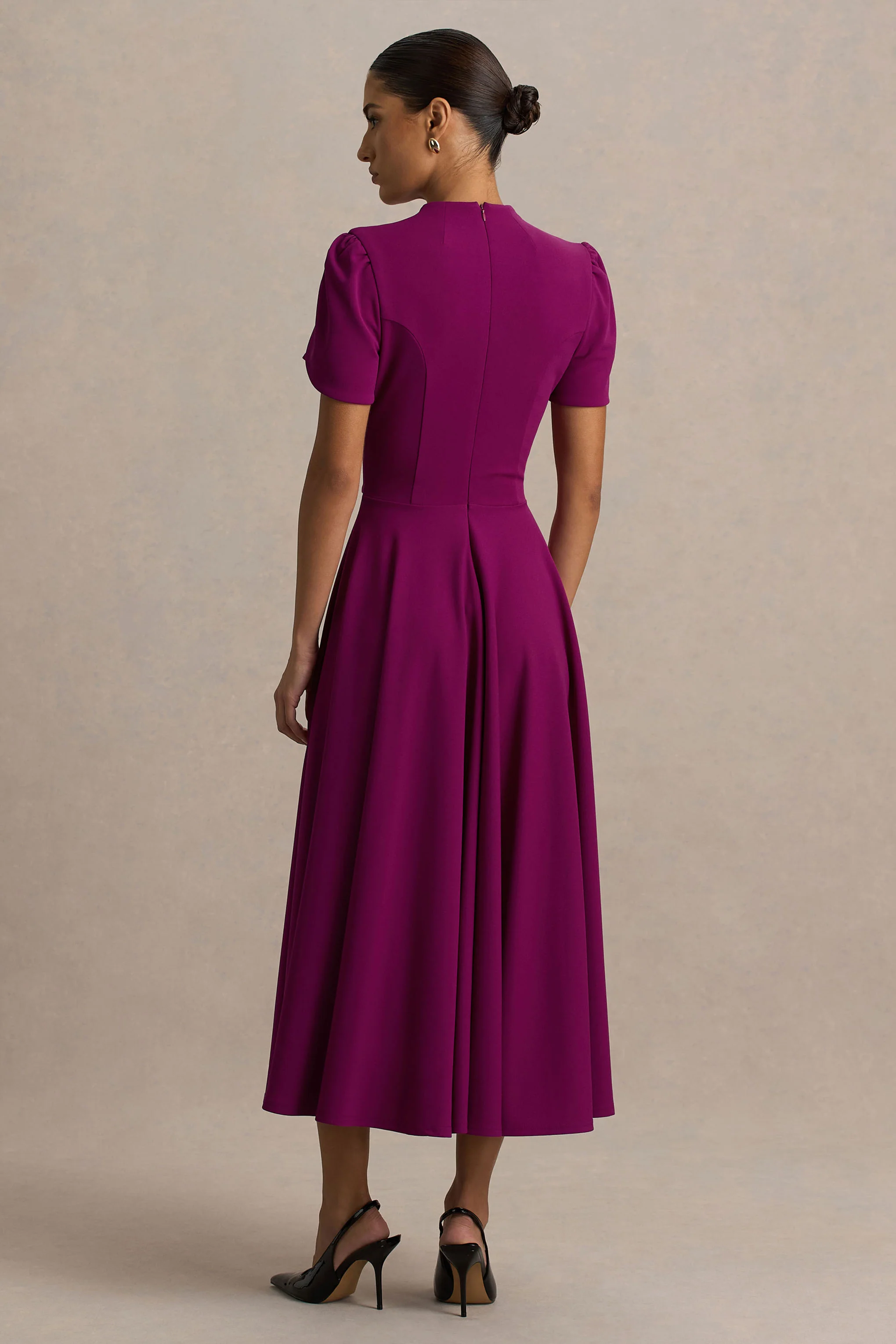 Vicky | Mulberry High Neck Midi Dress With Puff Sleeves - Image 2