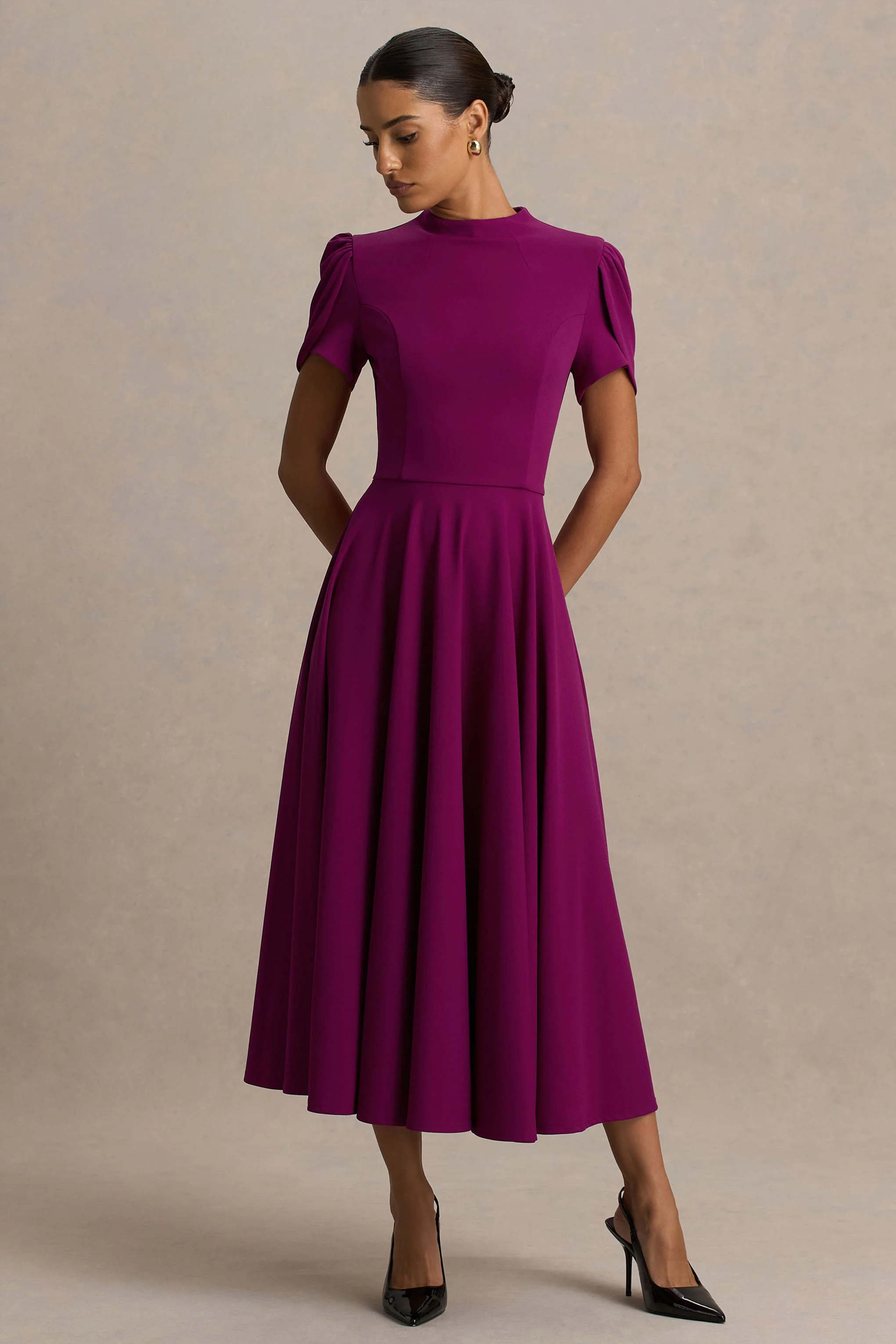 Vicky | Mulberry High Neck Midi Dress With Puff Sleeves - Image 4