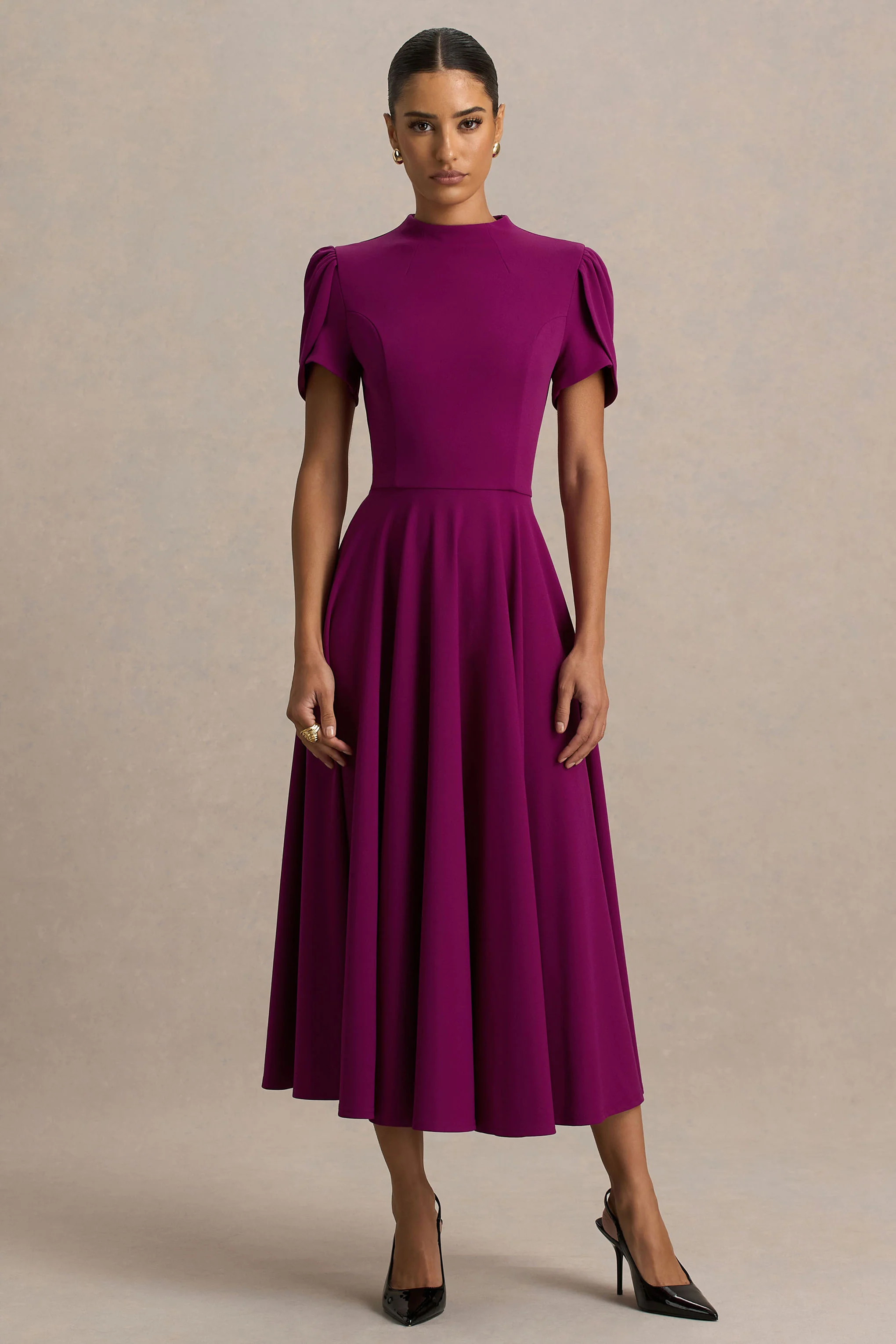 Vicky | Mulberry High Neck Midi Dress With Puff Sleeves - Image 5
