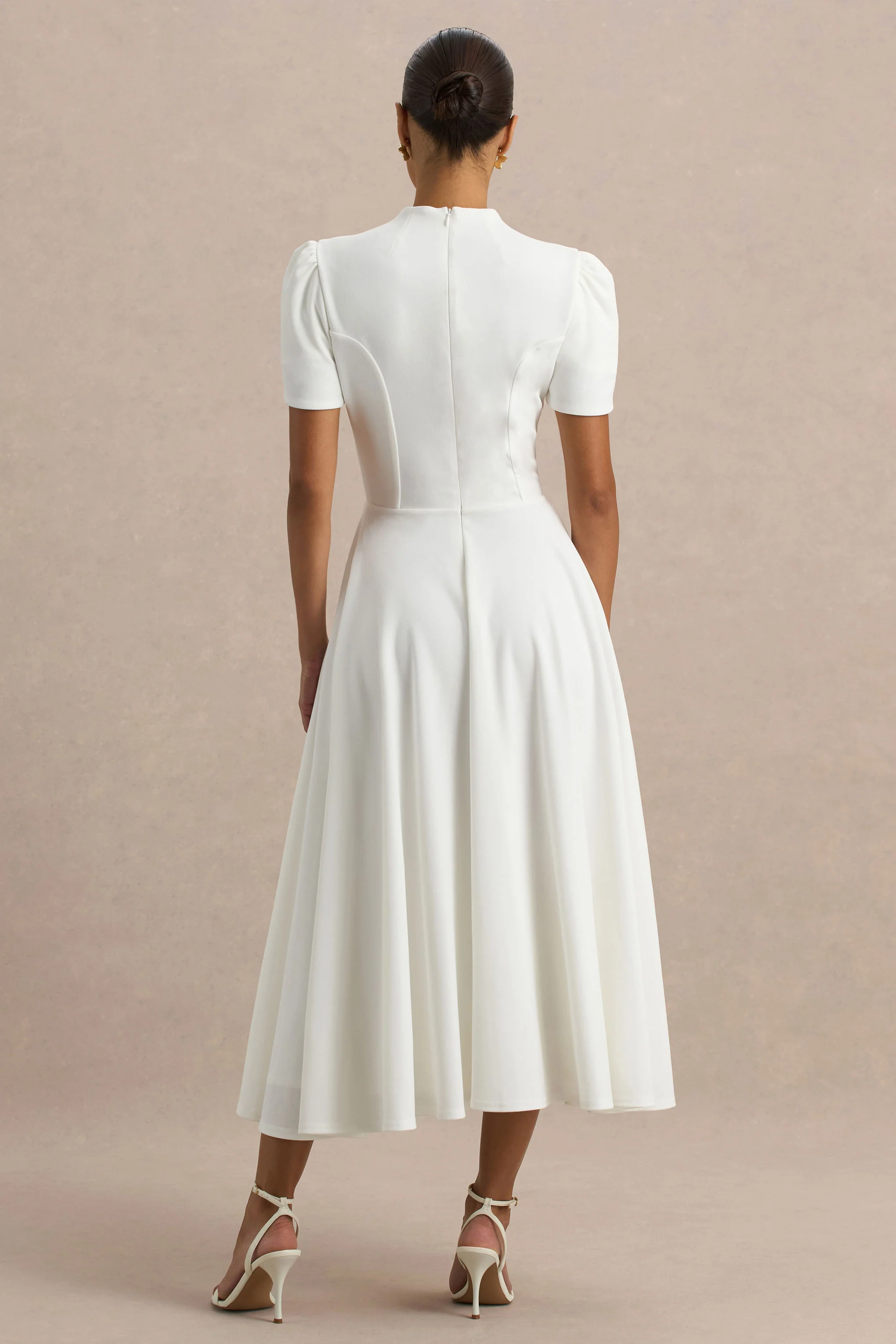 Vicky | White High Neck Midi Dress With Puff Sleeves - Image 2