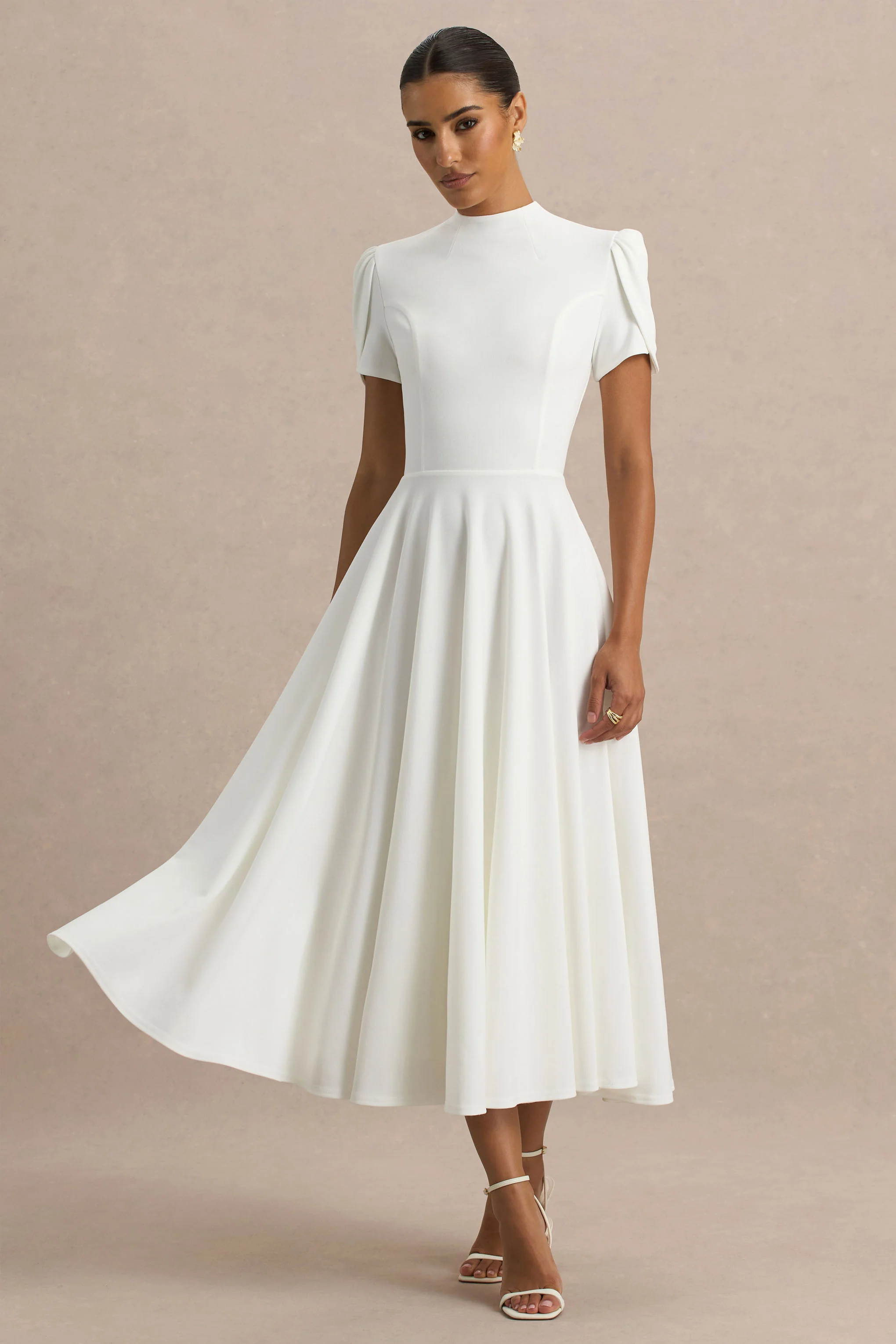 Vicky | White High Neck Midi Dress With Puff Sleeves - Image 5
