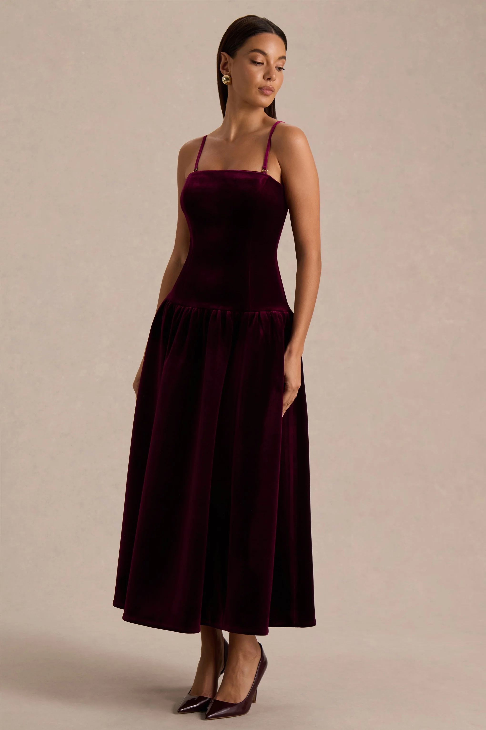 Violetta | Burgundy Velvet Bandeau Midi Dress With Drop-Waist And Gathered Skirt - Image 4