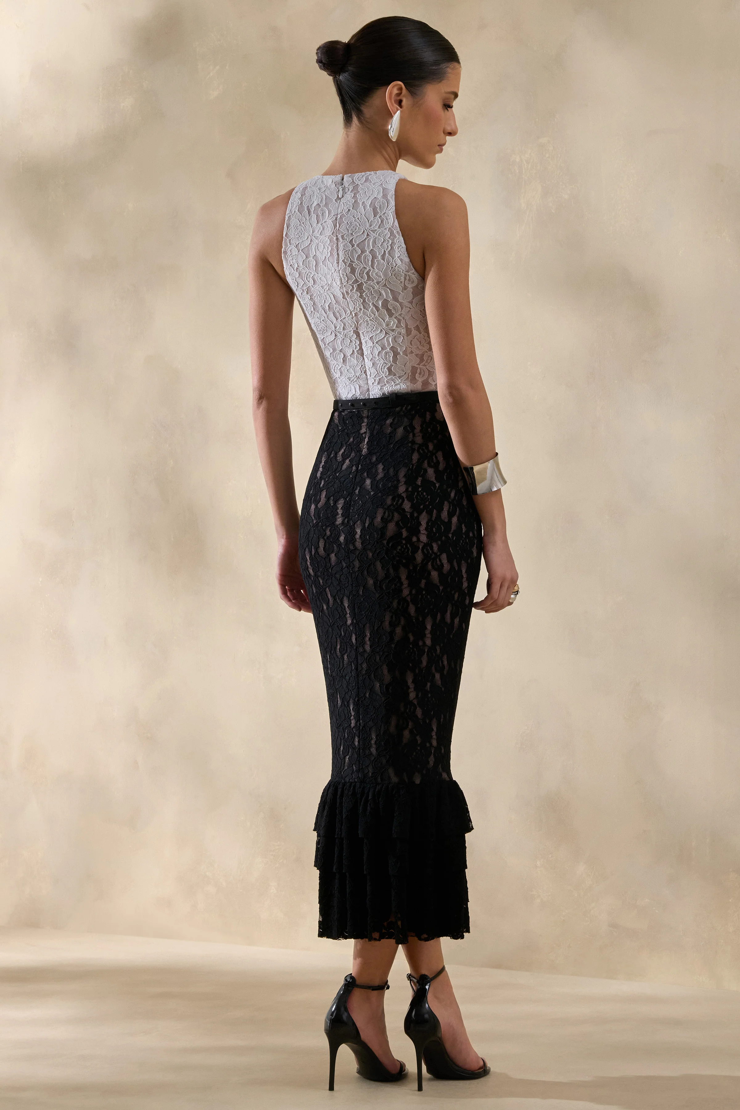Vionna | Black And White Lace High-Neck Midi Dress With Bow-Belt Detail - Image 2