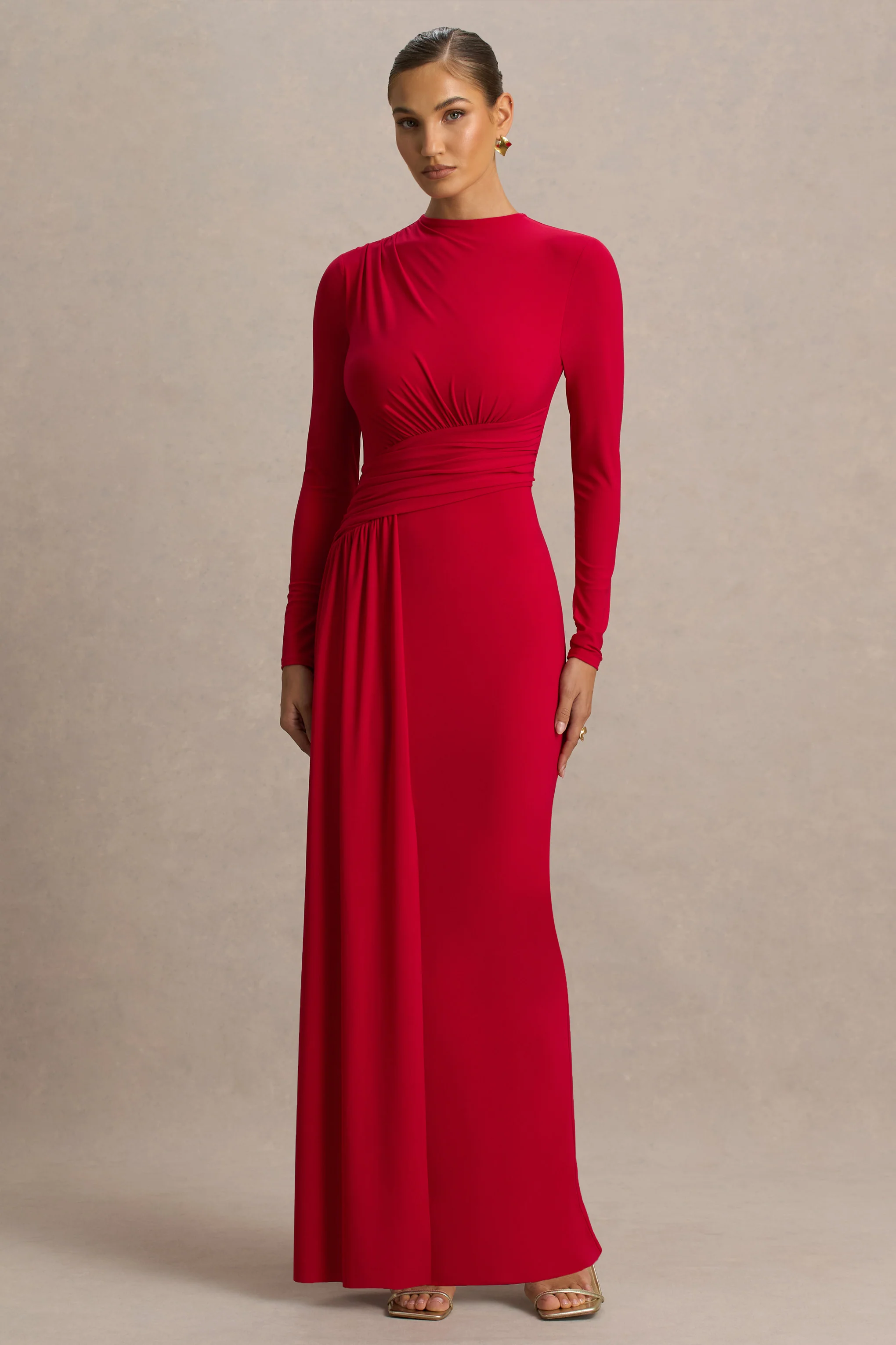 Virelle | Red Boat-Neck Maxi Dress With Wrap Detail And Sash - Image 4