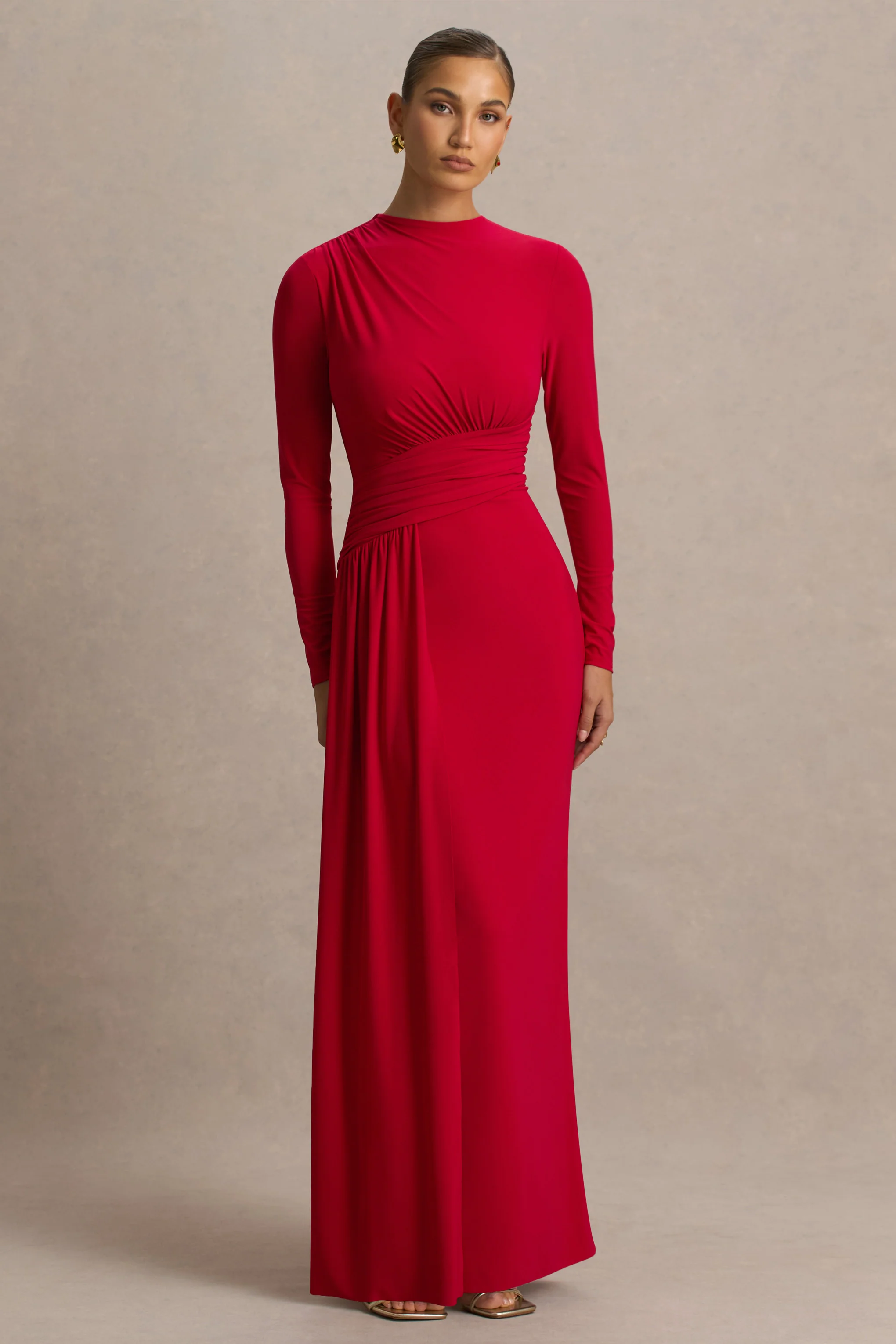 Virelle | Red Boat-Neck Maxi Dress With Wrap Detail And Sash - Image 5