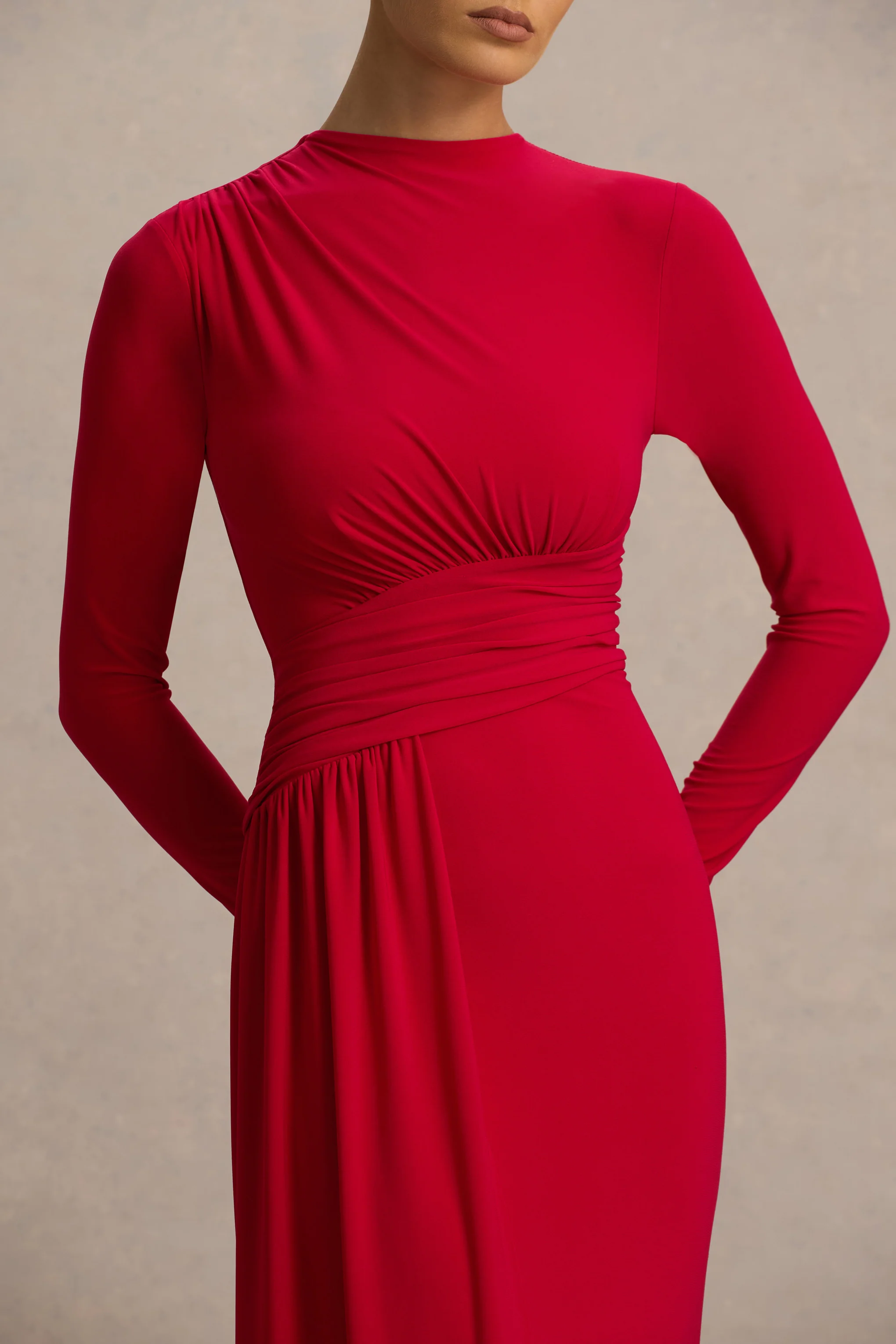 Virelle | Red Boat-Neck Maxi Dress With Wrap Detail And Sash - Image 6