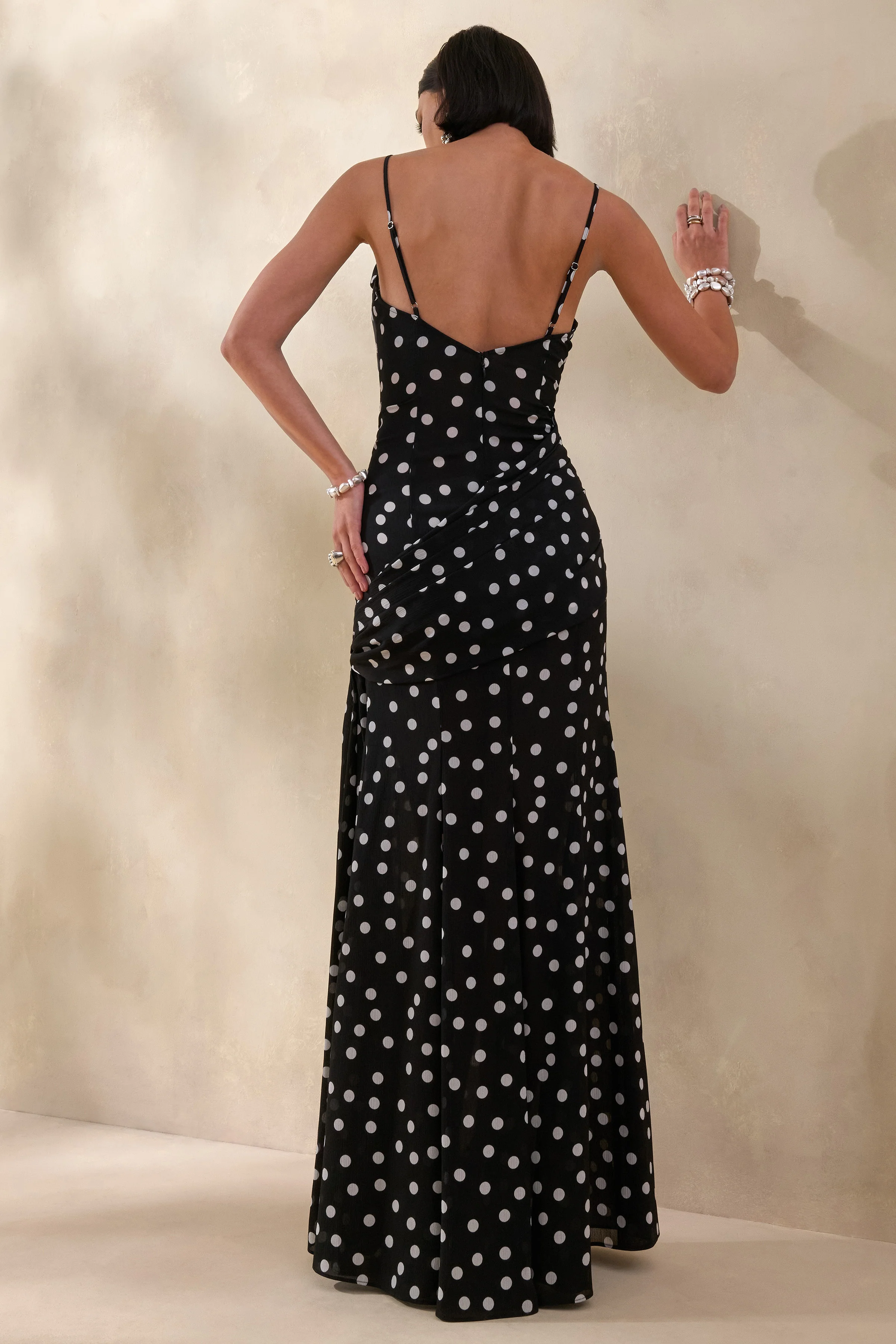 Virtue | Black & White Polka Dot Cowl-Neck Fishtail Maxi Dress With Split - Image 2