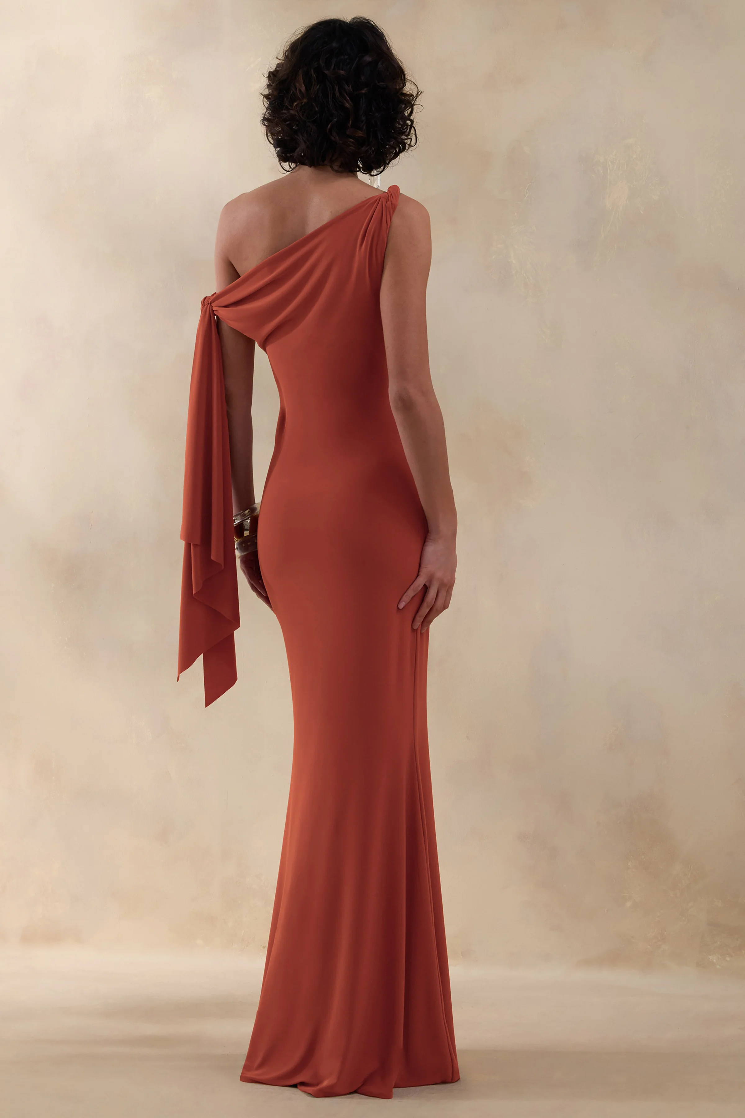 Vista | Rust Asymmetric-Neck Maxi Dress With Knot-Sleeve Detail - Image 2