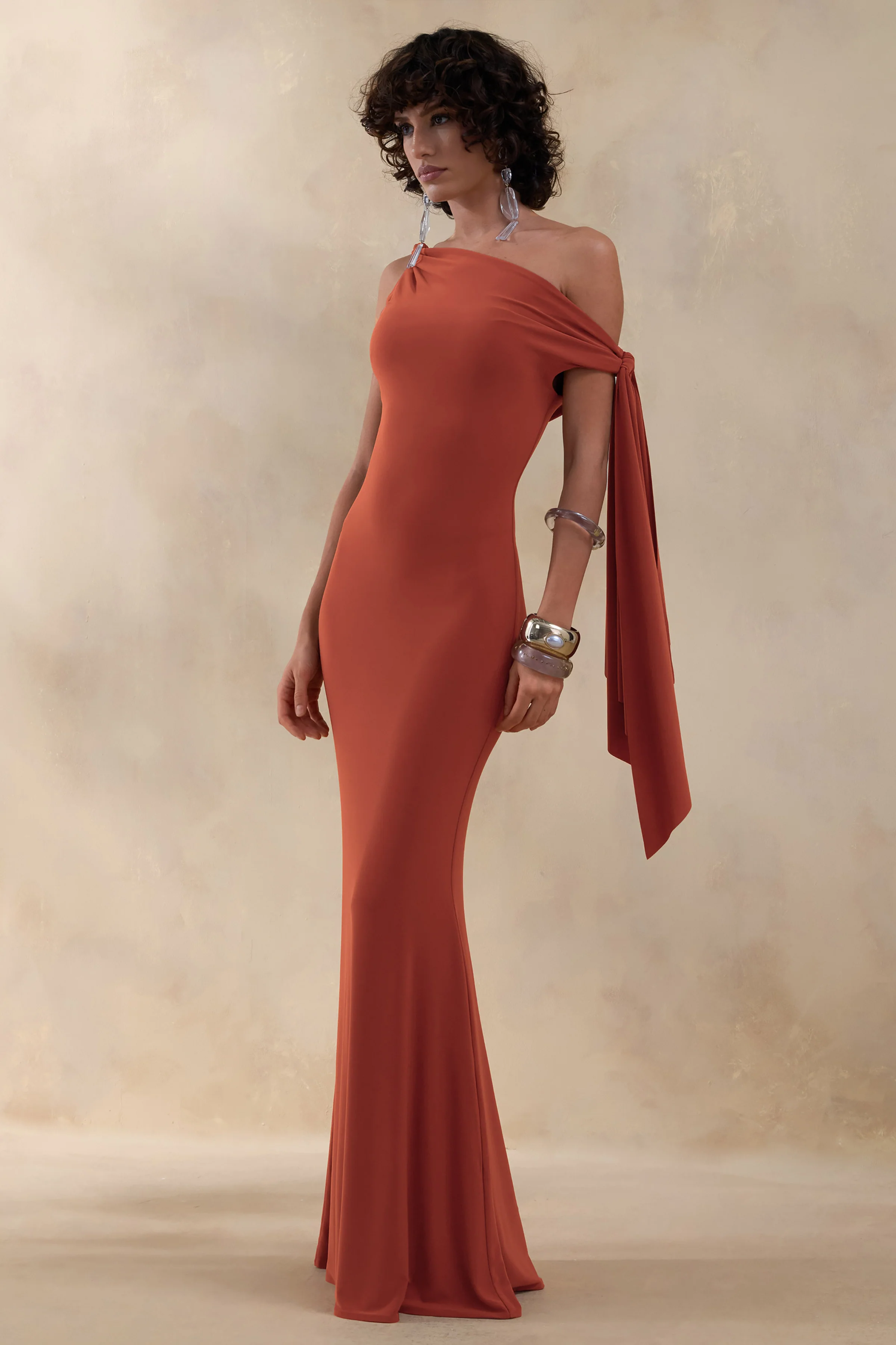 Vista | Rust Asymmetric-Neck Maxi Dress With Knot-Sleeve Detail - Image 4