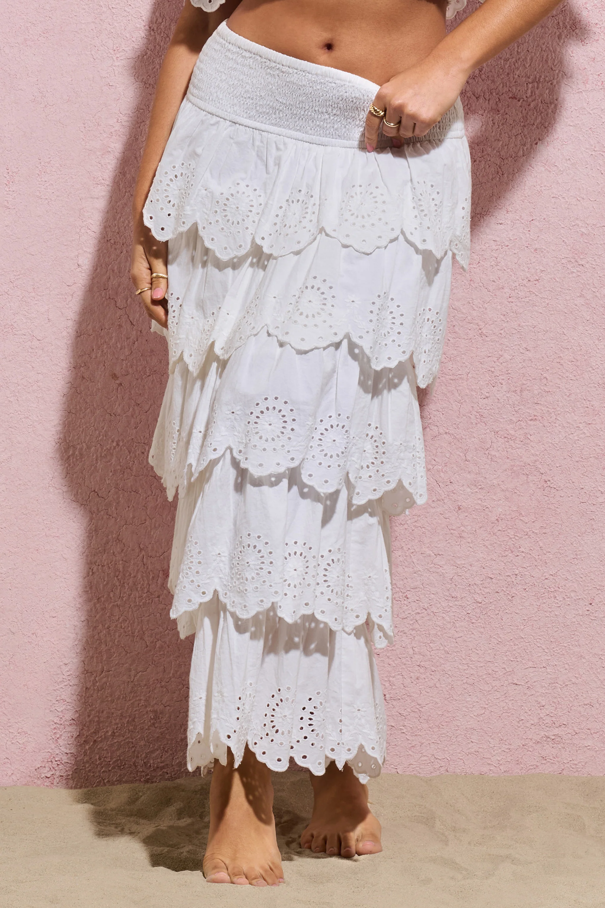 Vista | White Broderie Ruffled Tiered Maxi Skirt - Image 7