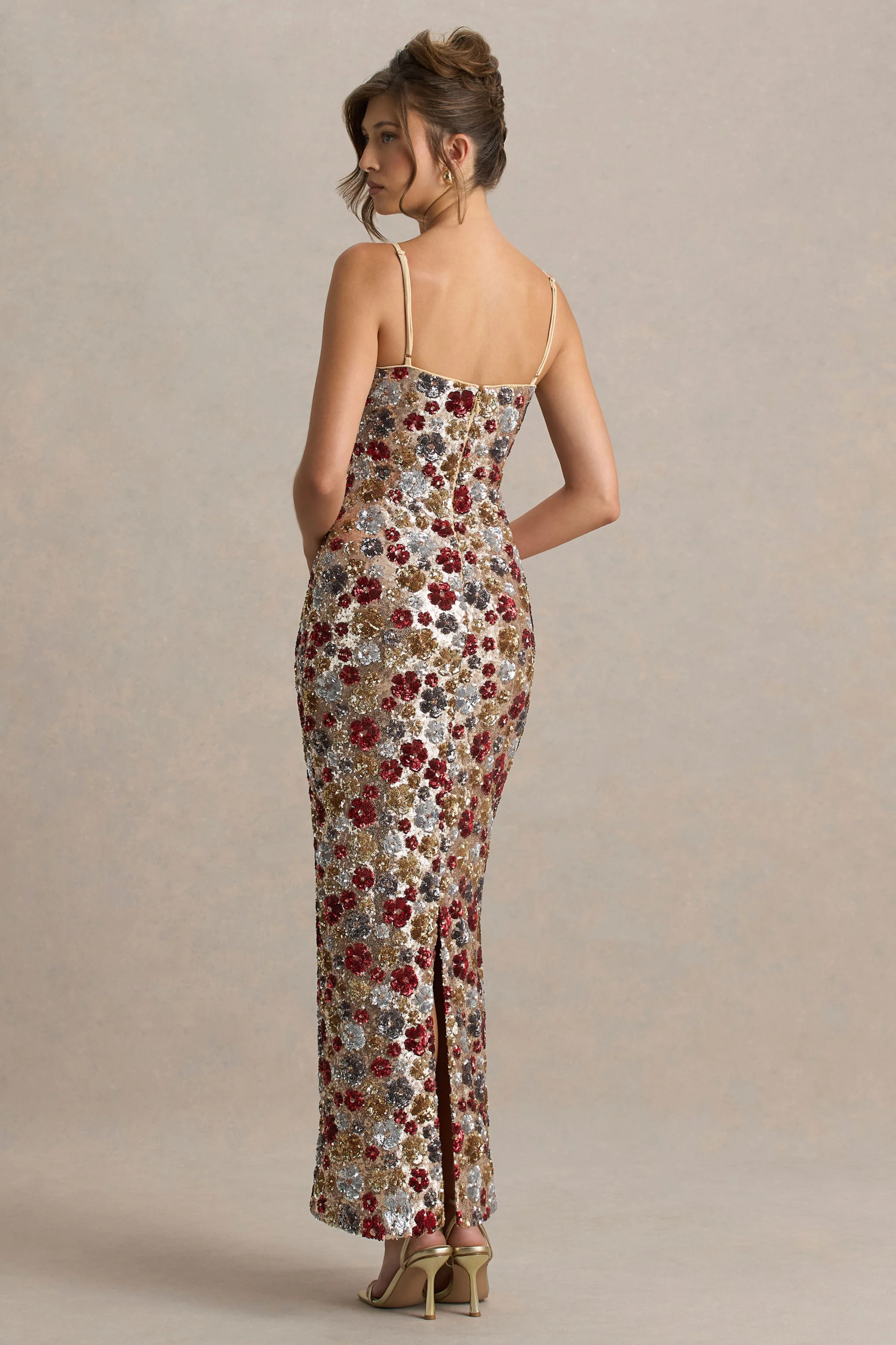 Vitora | Red Floral Embellished Sequin Square-Neck Maxi Dress - Image 2