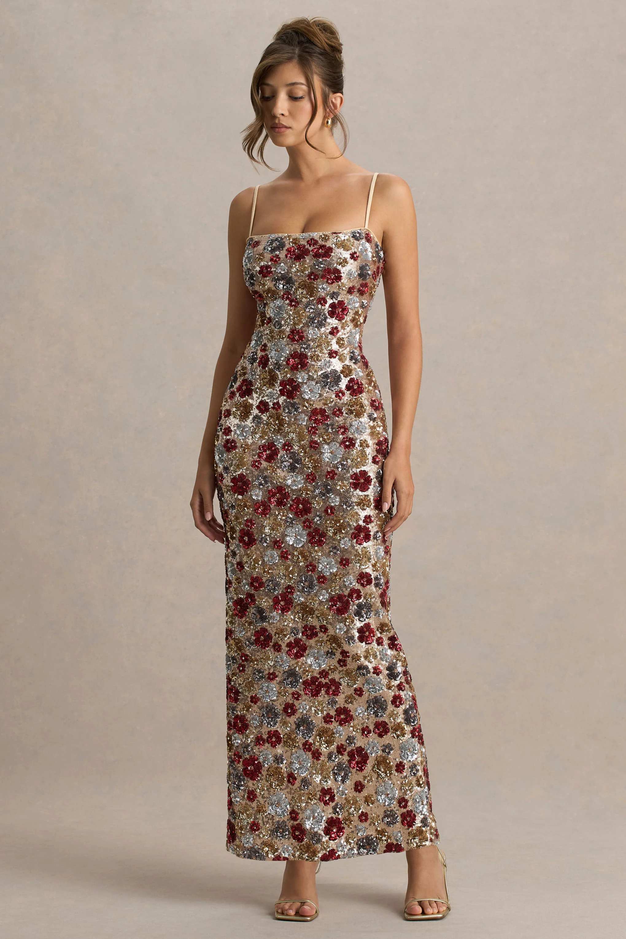 Vitora | Red Floral Embellished Sequin Square-Neck Maxi Dress - Image 5