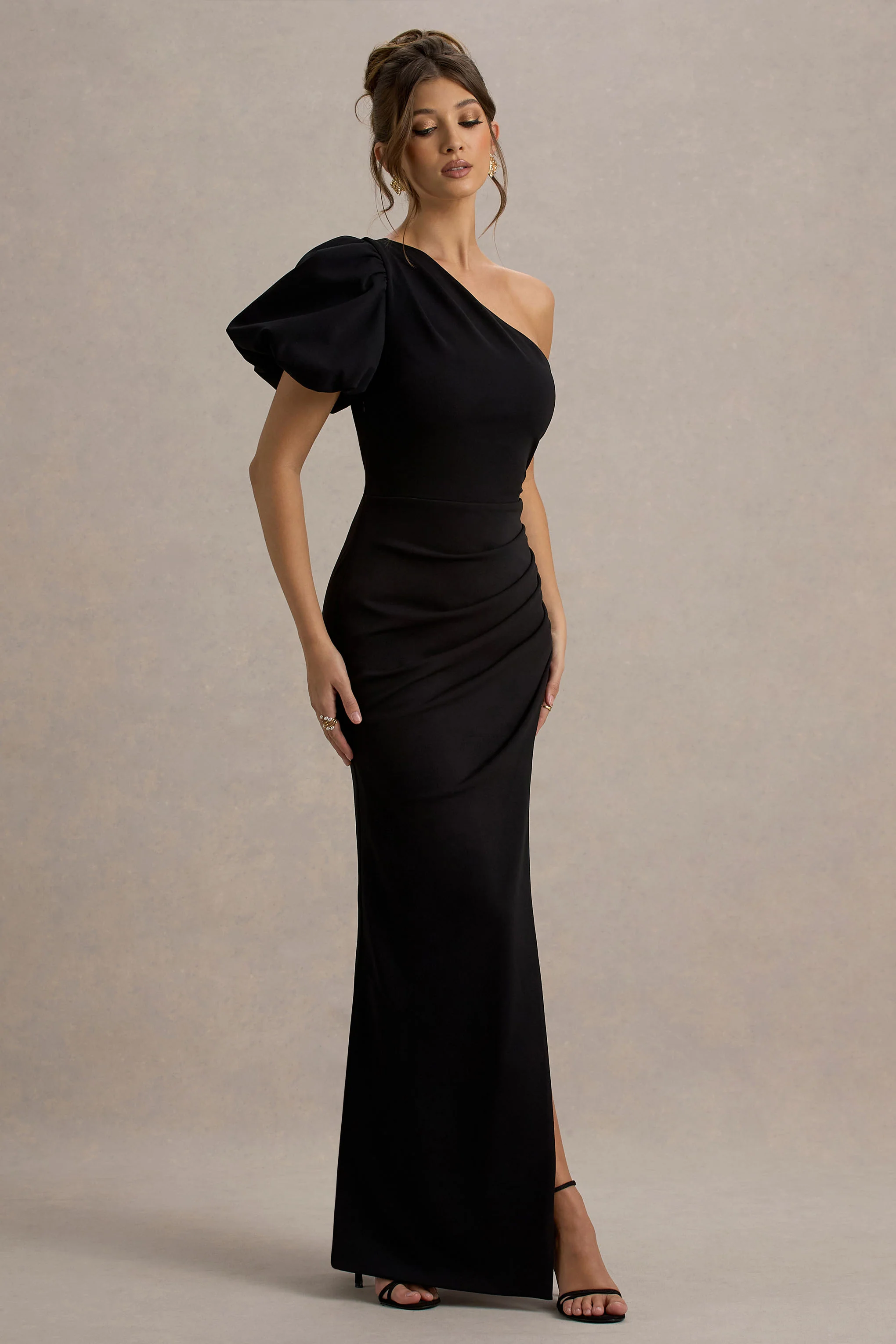 Vittoria | Black Asymmetric Puff-Sleeve Split Maxi Dress - Image 5