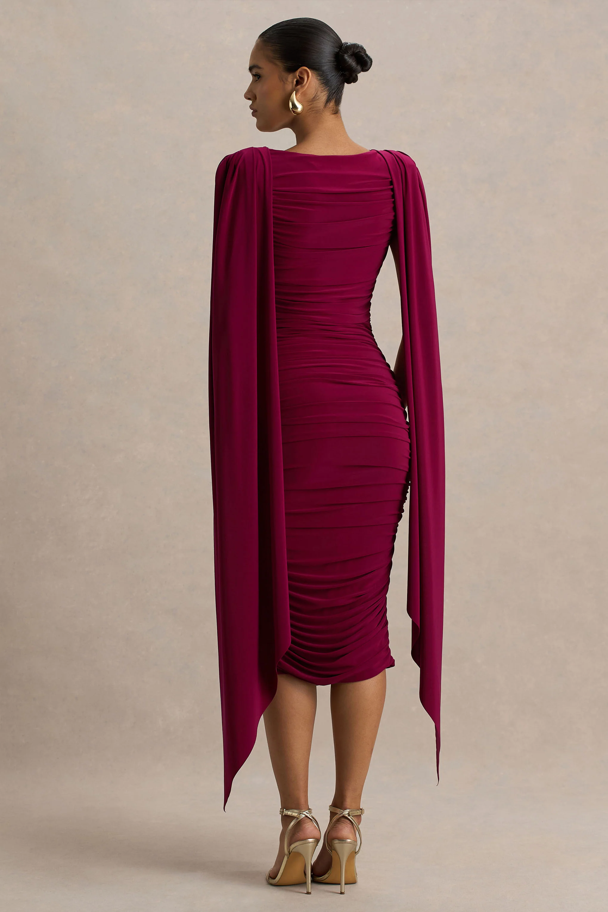 Wanderer | Burgundy Crew-Neck Midi Dress With Draped and Ruched Detailing - Image 2