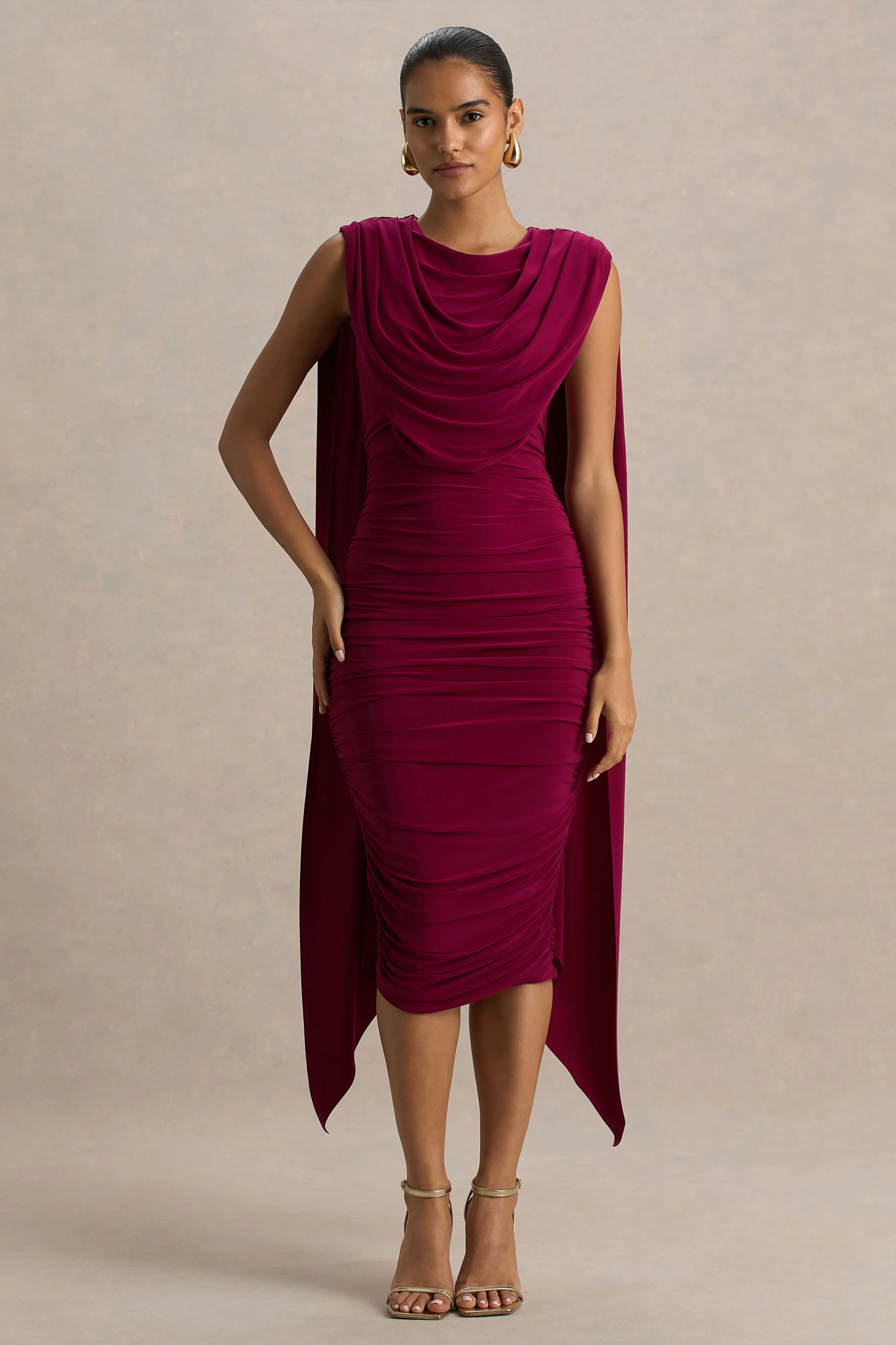 Wanderer | Burgundy Crew-Neck Midi Dress With Draped and Ruched Detailing - Image 3