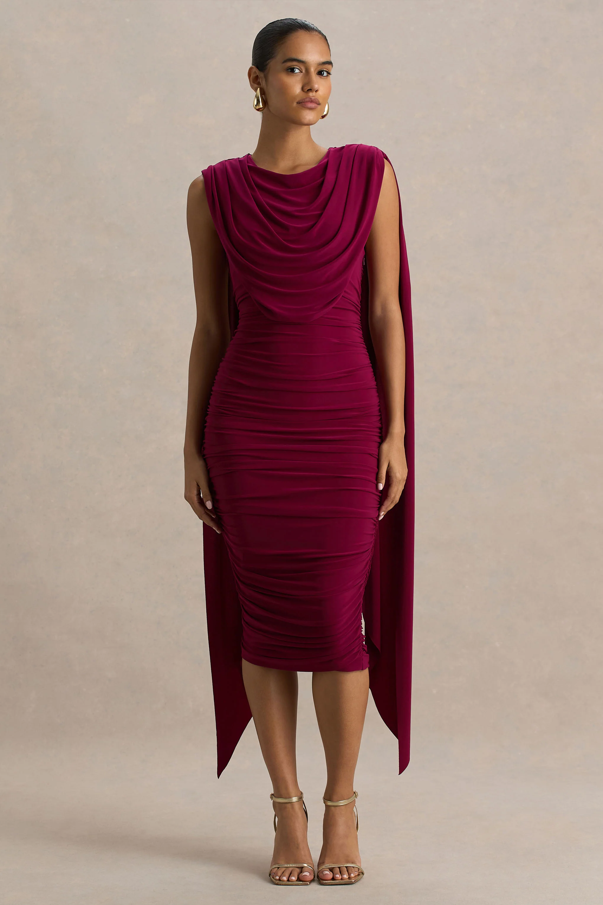 Wanderer | Burgundy Crew-Neck Midi Dress With Draped and Ruched Detailing - Image 4