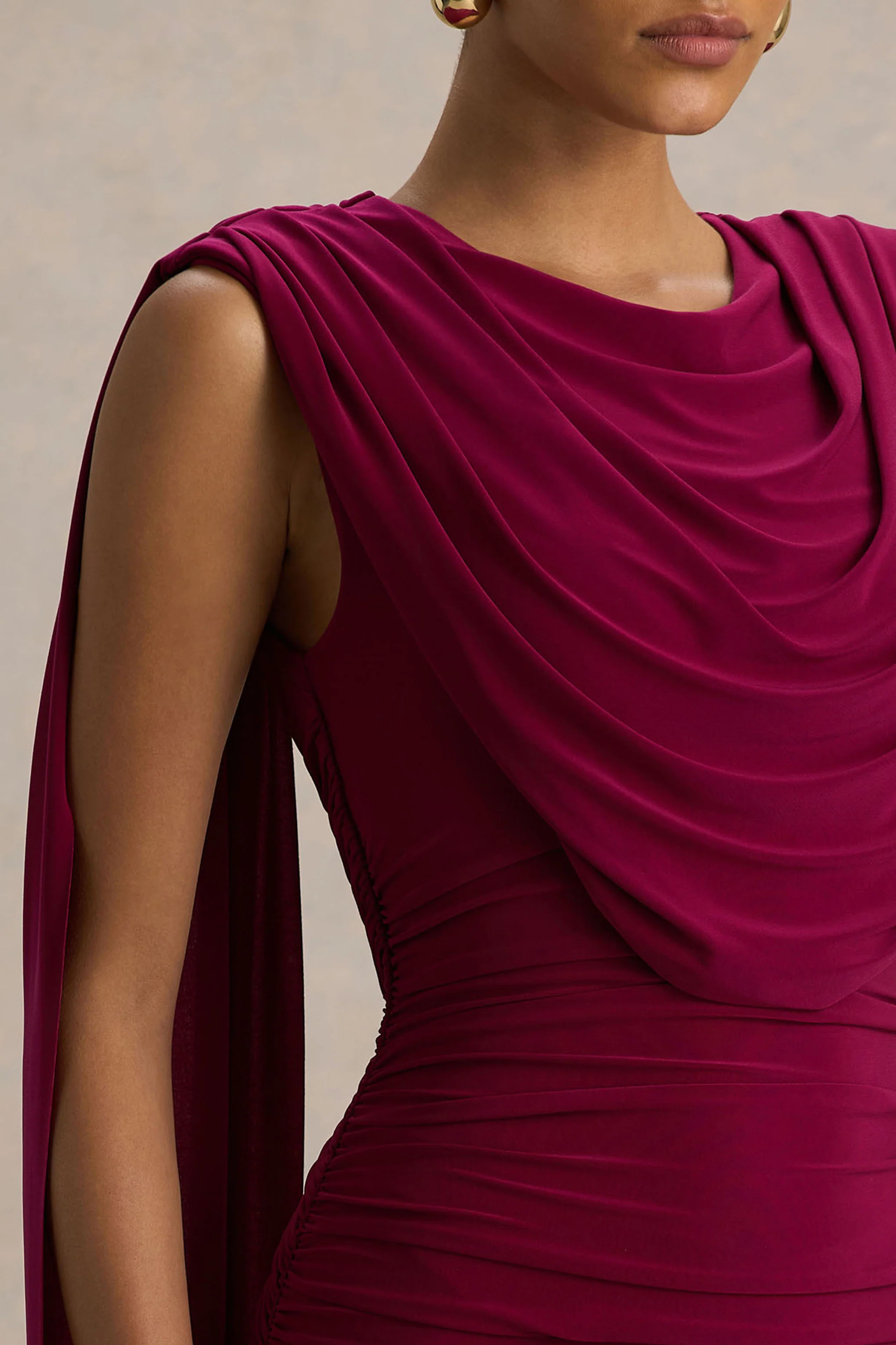 Wanderer | Burgundy Crew-Neck Midi Dress With Draped and Ruched Detailing - Image 5