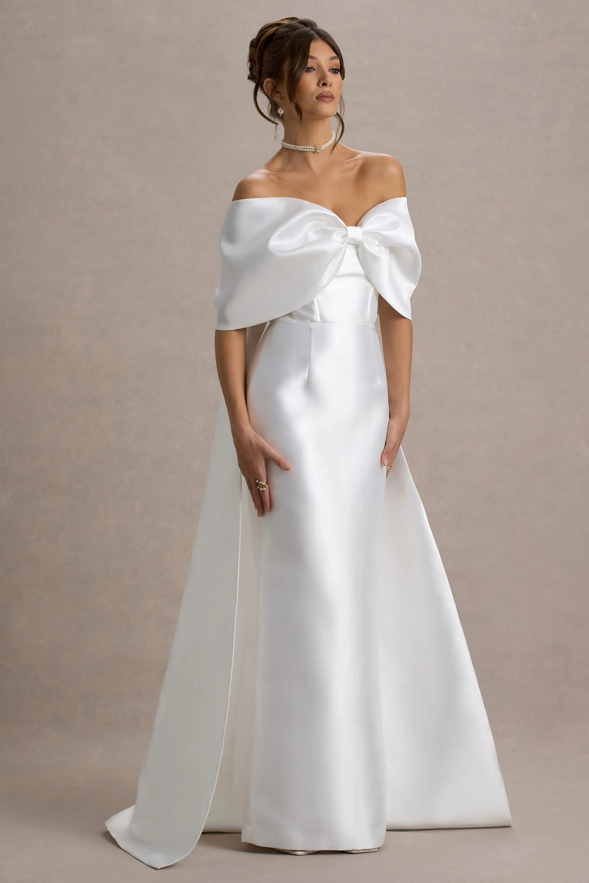 Wanting More | Off White Satin Cape Maxi Dress With Oversized Bow - Image 6