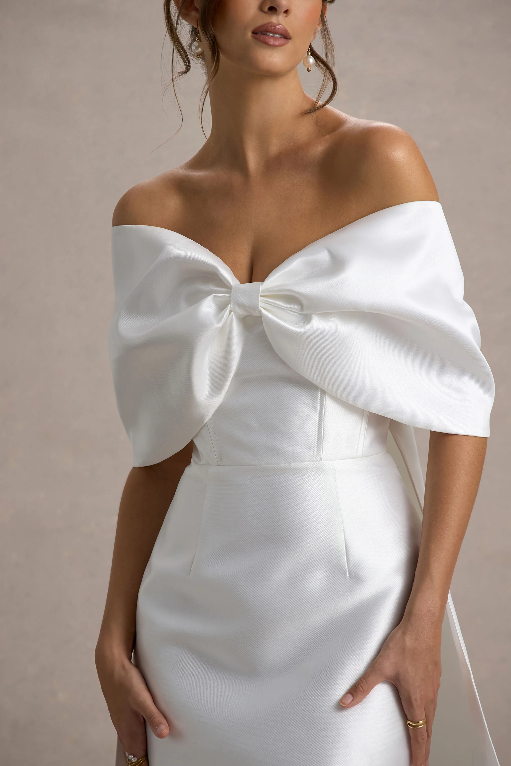 Wanting More | Off White Satin Cape Maxi Dress With Oversized Bow - Image 7