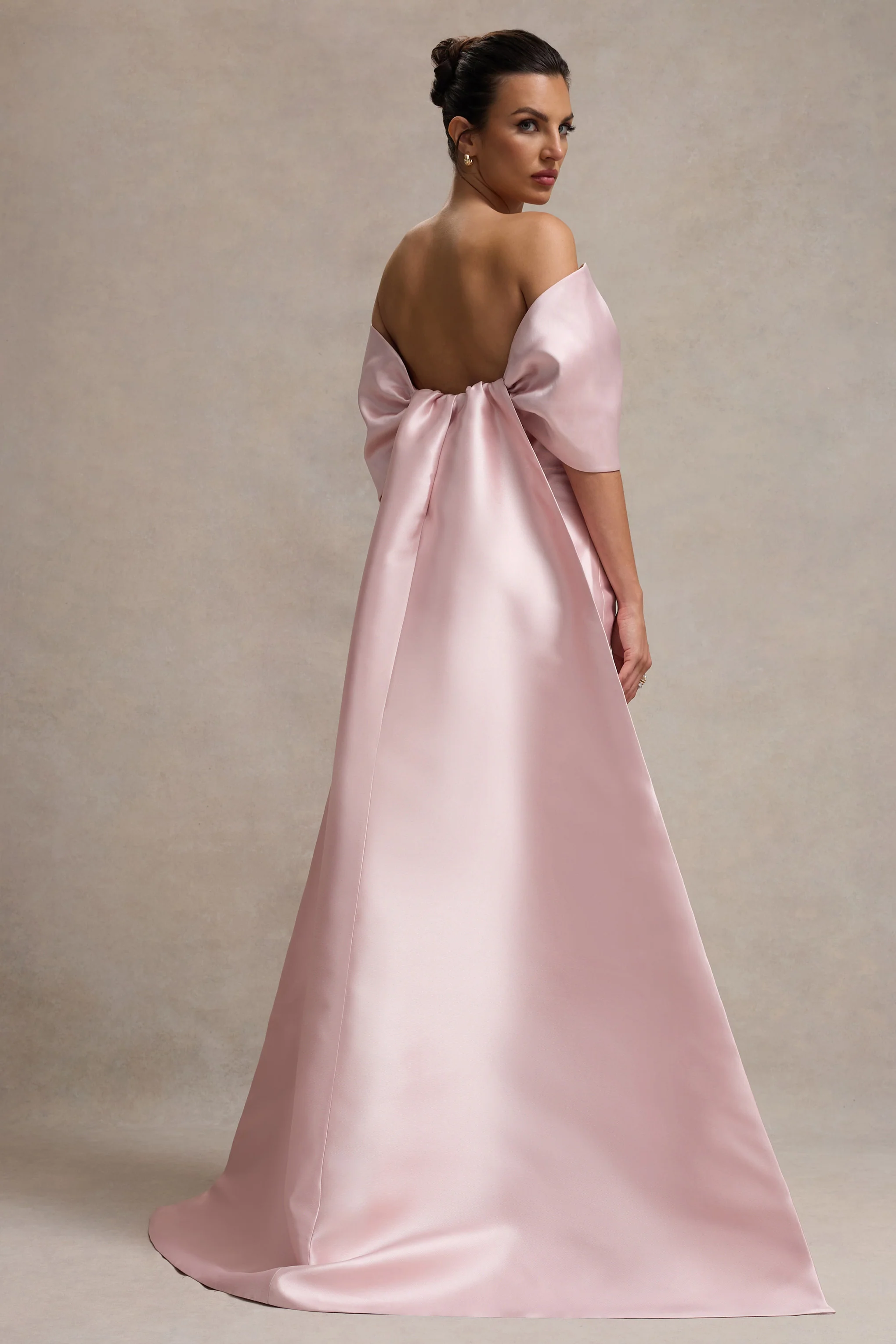 Wanting More | Pink Satin Cape Maxi Dress With Oversized Bow - Image 2
