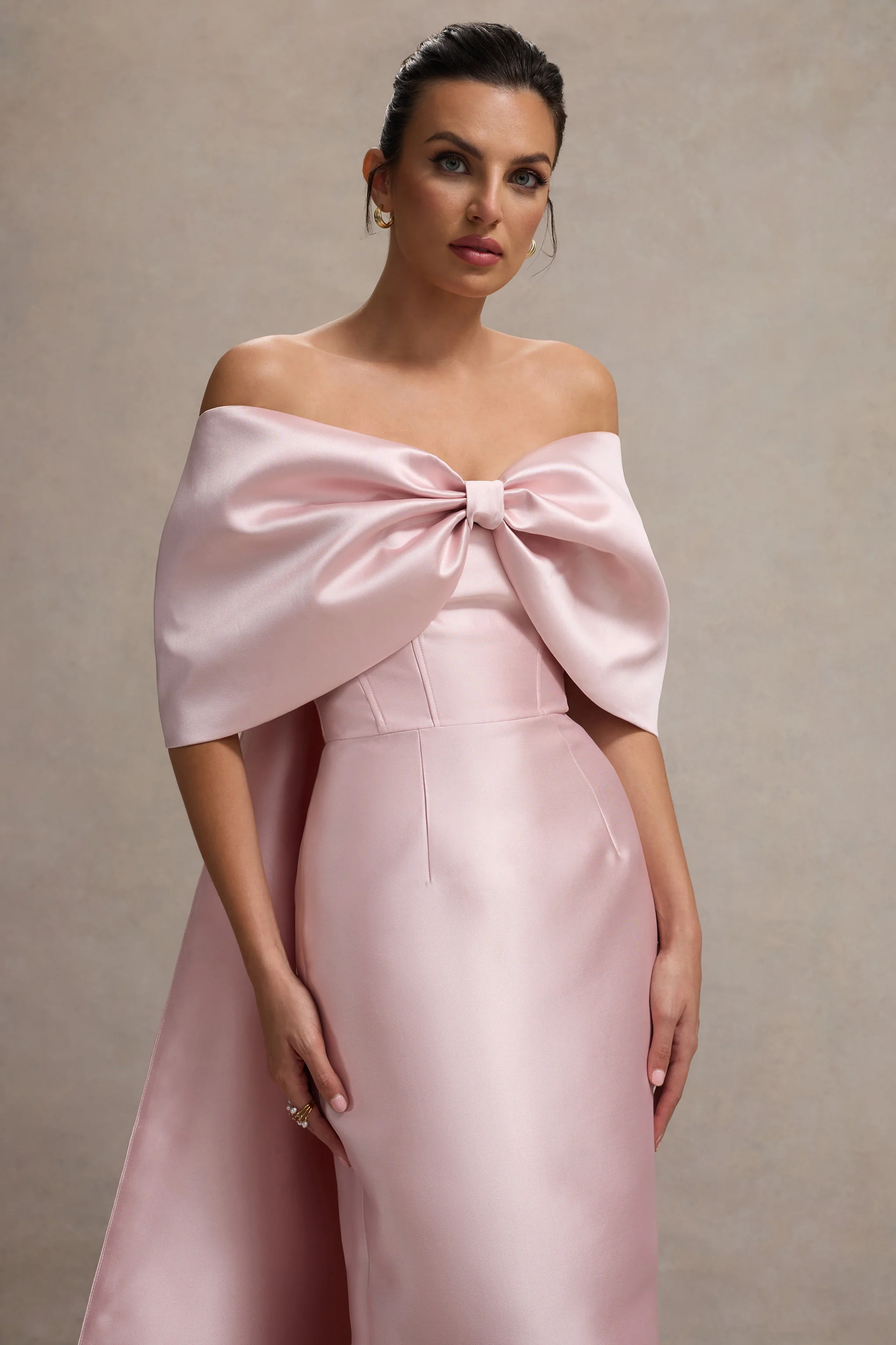 Wanting More | Pink Satin Cape Maxi Dress With Oversized Bow - Image 3
