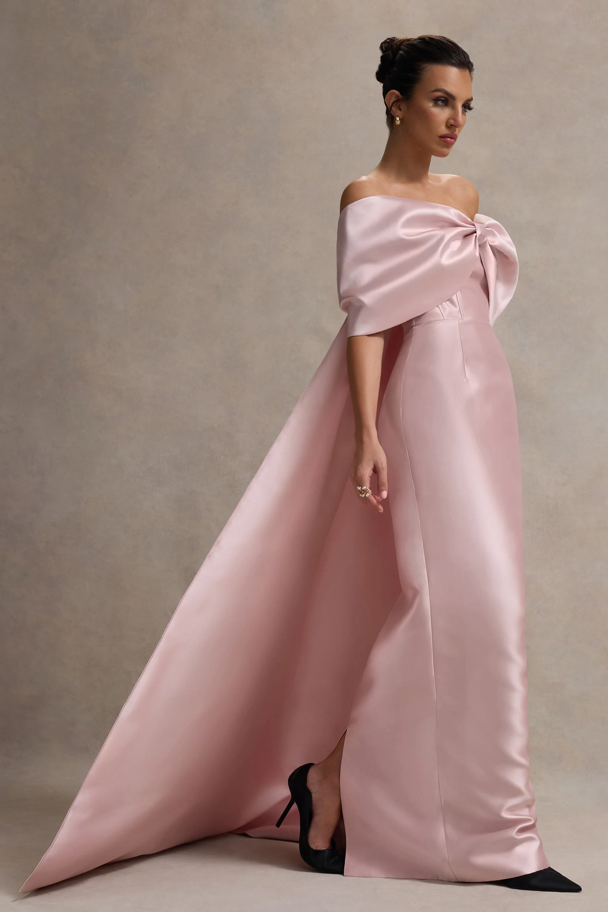 Wanting More | Pink Satin Cape Maxi Dress With Oversized Bow - Image 4