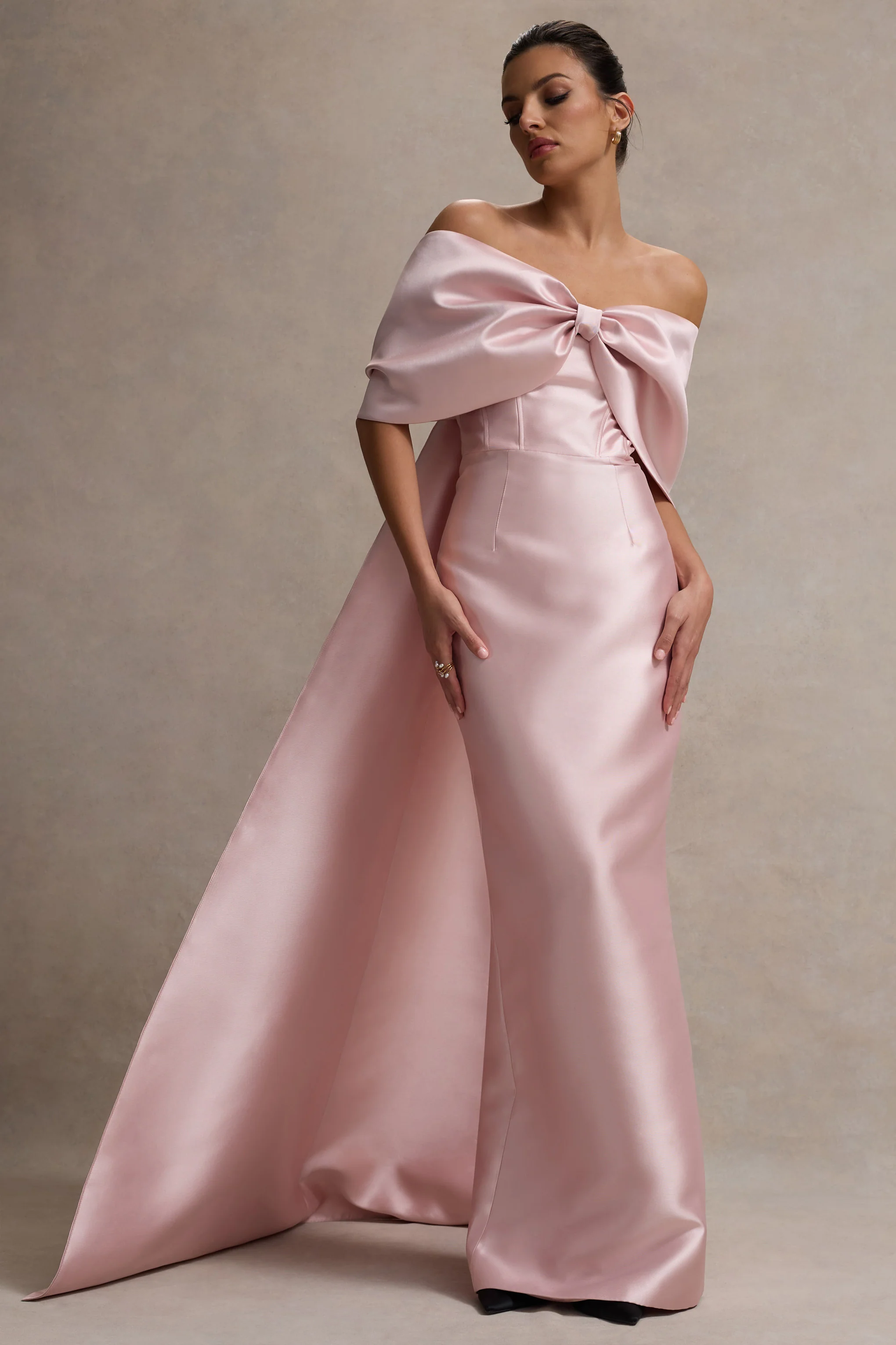 Wanting More | Pink Satin Cape Maxi Dress With Oversized Bow - Image 5