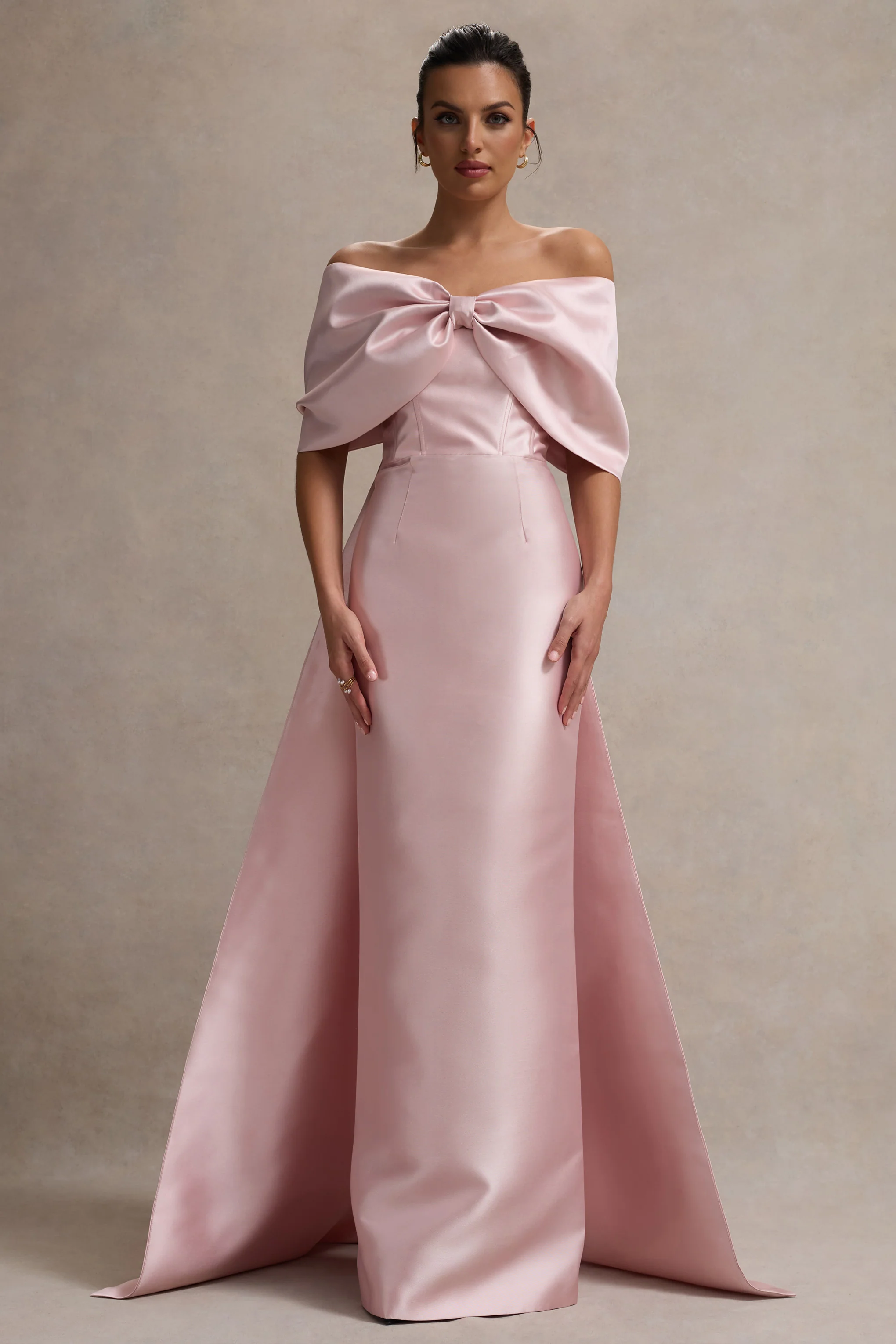 Wanting More | Pink Satin Cape Maxi Dress With Oversized Bow - Image 6