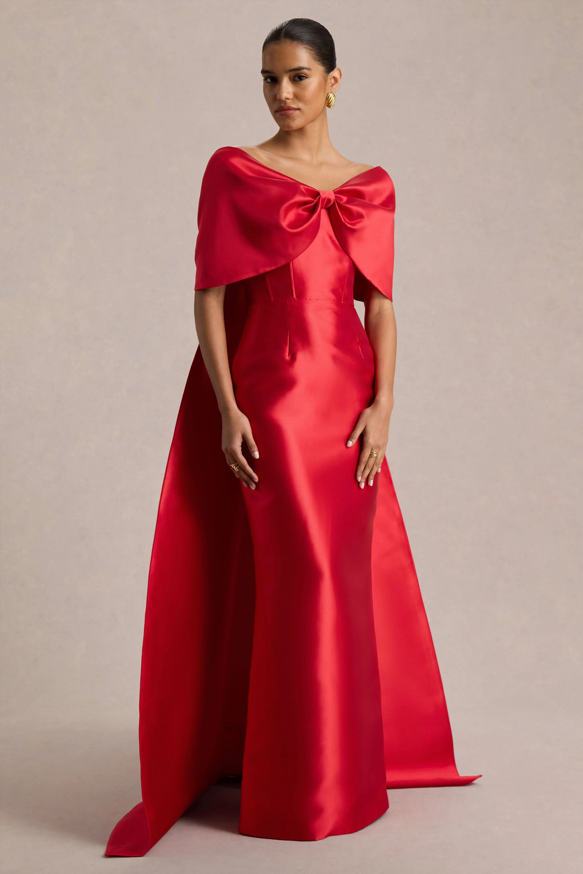 Wanting More | Red Satin Cape Maxi Dress With Oversized Bow - Image 3