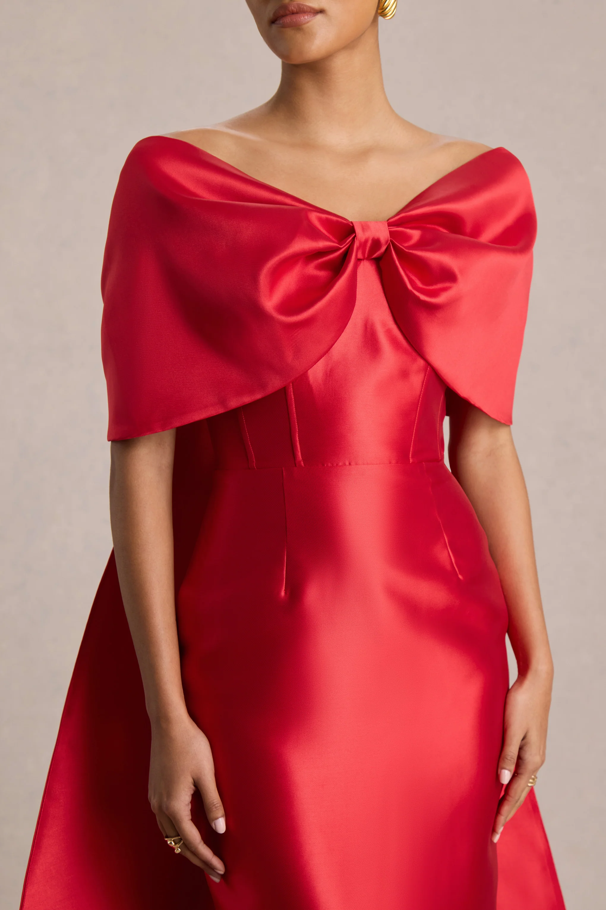 Wanting More | Red Satin Cape Maxi Dress With Oversized Bow - Image 5