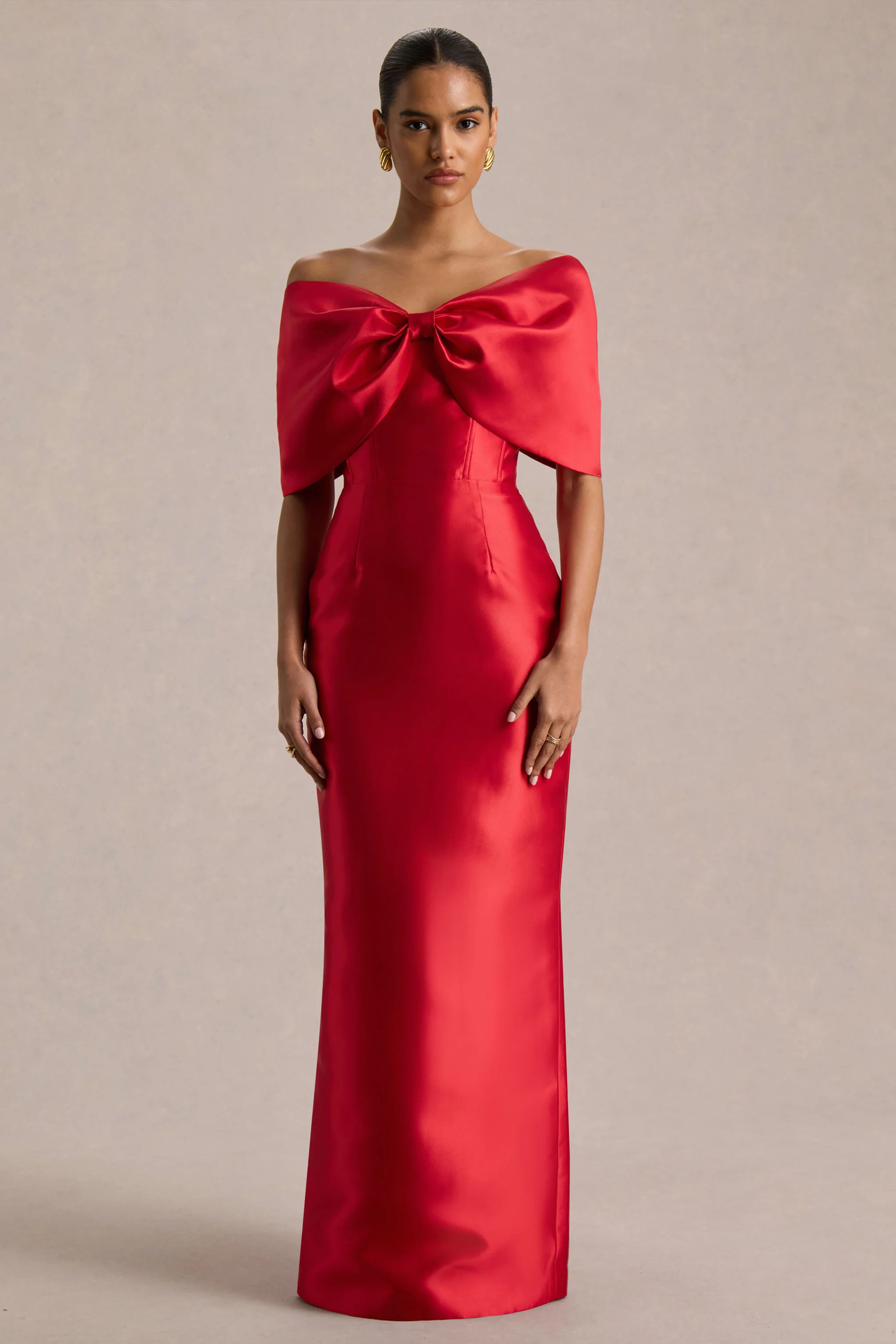 Wanting More | Red Satin Cape Maxi Dress With Oversized Bow - Image 6