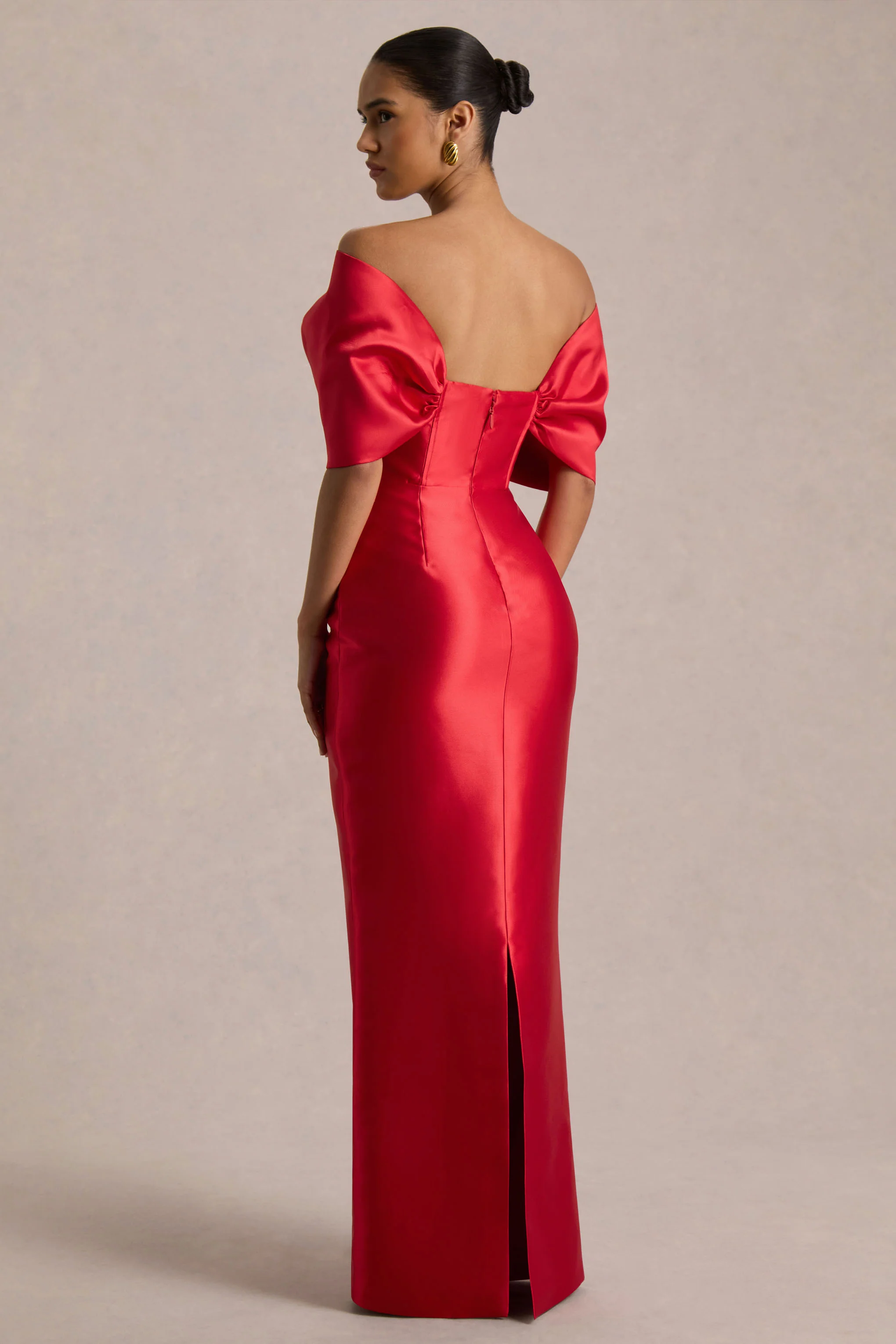 Wanting More | Red Satin Cape Maxi Dress With Oversized Bow - Image 7