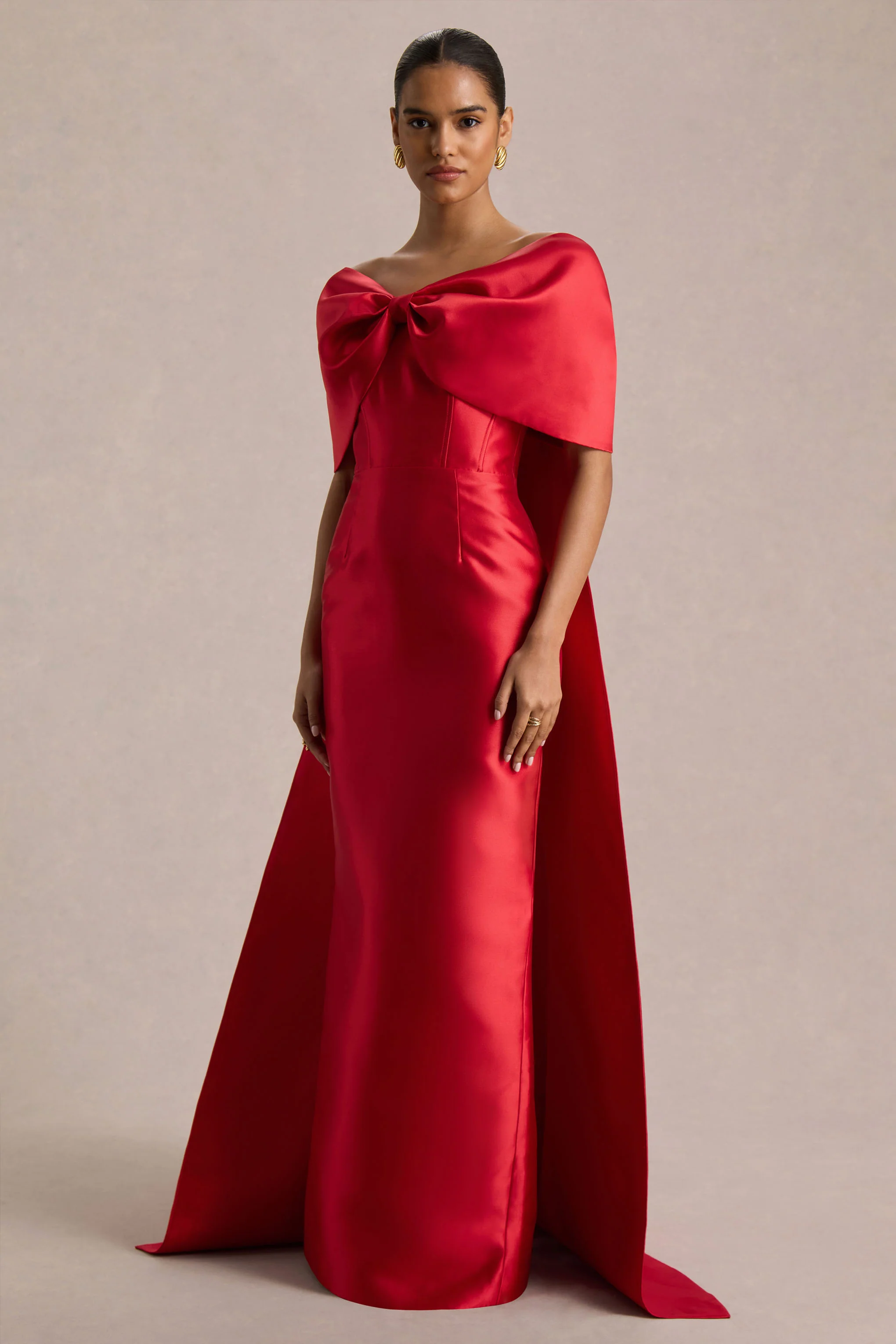 Wanting More | Red Satin Cape Maxi Dress With Oversized Bow - Image 8