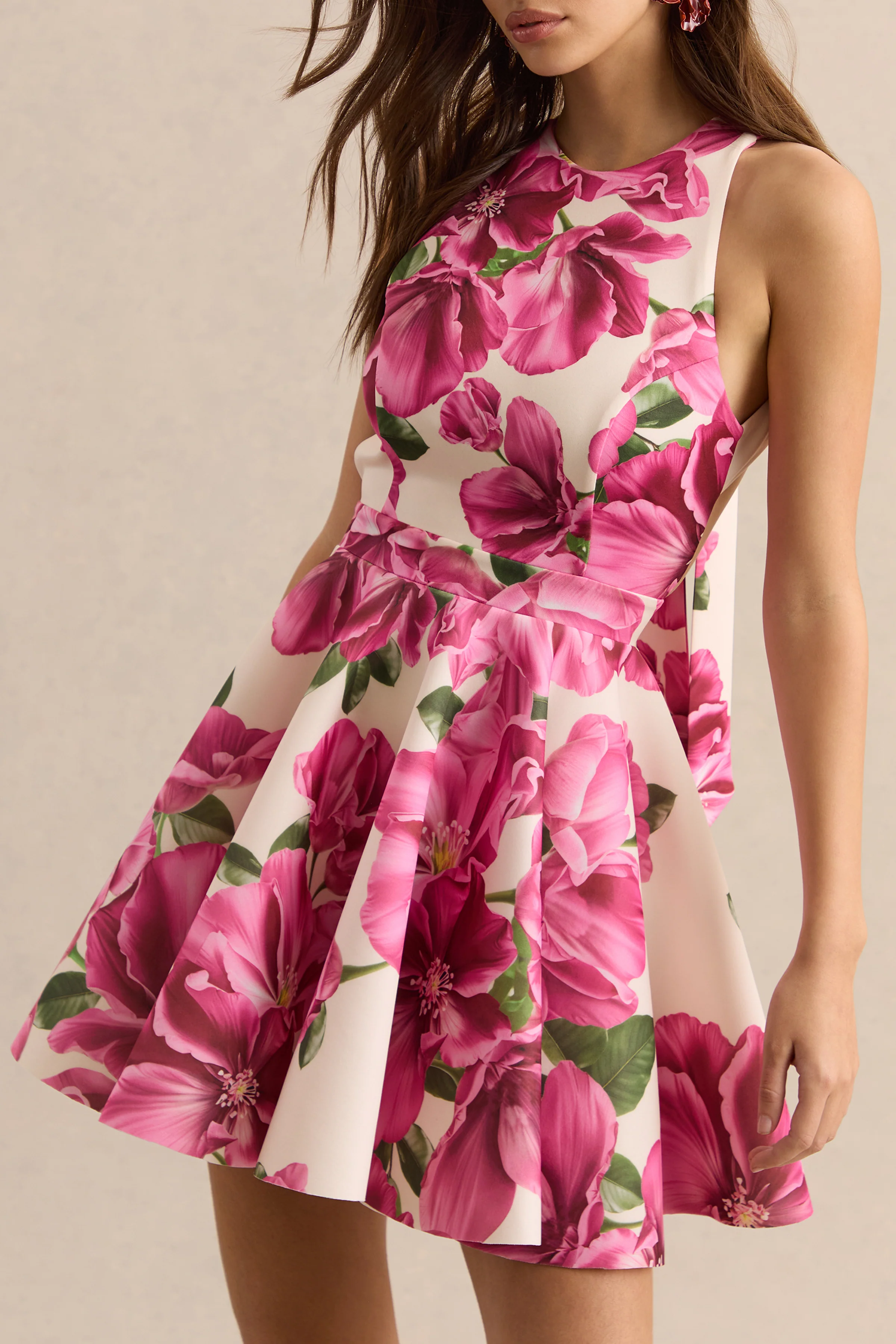 Waverly | Pink Rose Print Racer-Neck Sleeveless Skater Mini Dress - Image 3