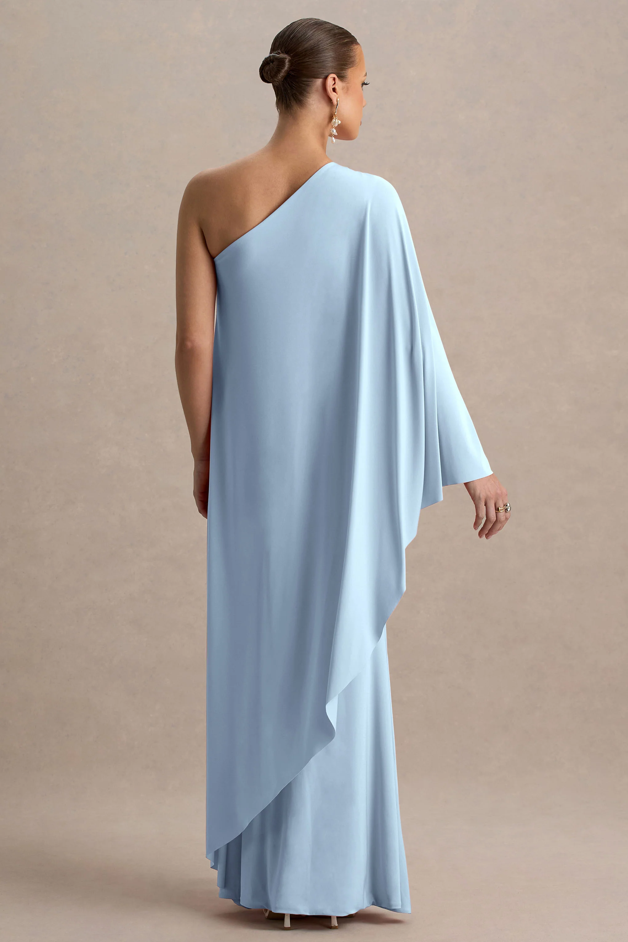 Waves | Powder Blue Asymmetric Maternity Maxi Dress With One-Sleeve Cape - Image 2