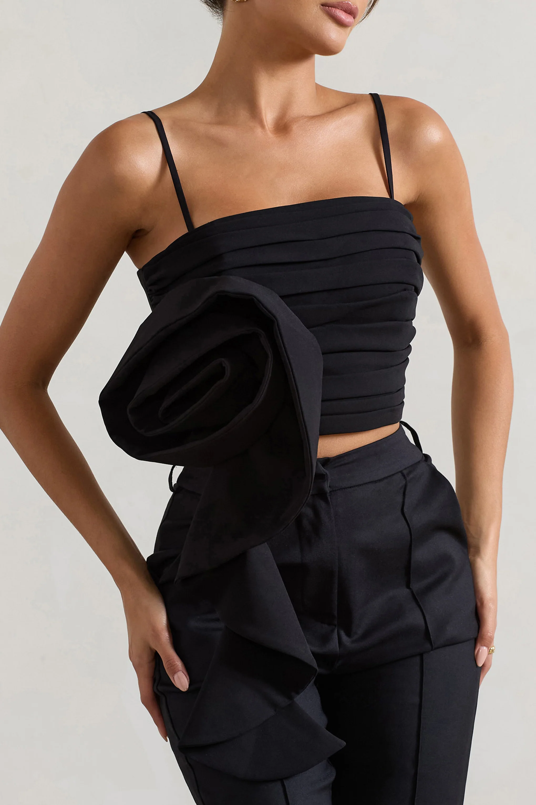 Whirlwind | Black Strappy Top With Oversized Ruffle Detail - Image 3