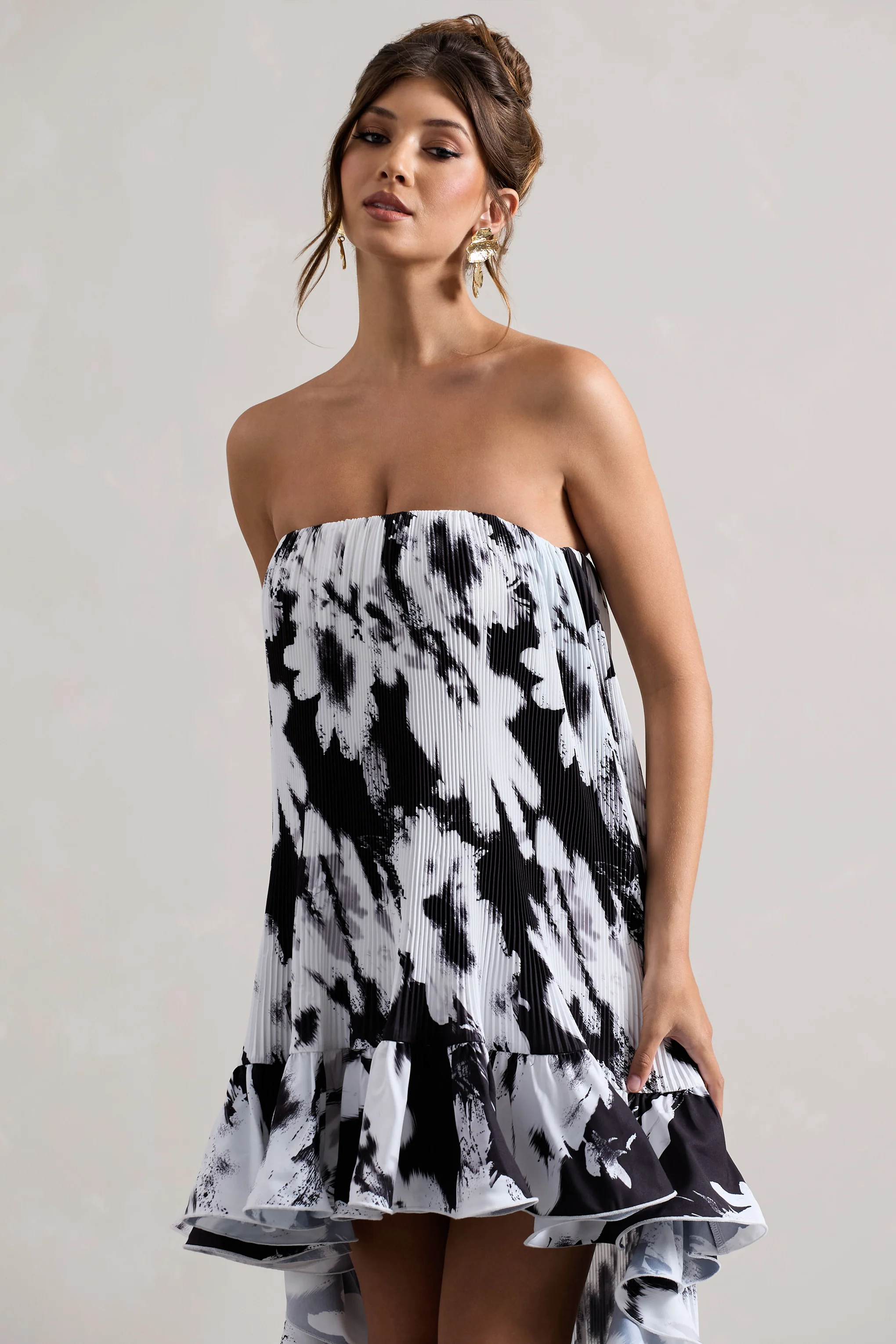 Whistler | Monochrome Floral Chiffon Bandeau High-Low Ruffled Maxi Dress - Image 3