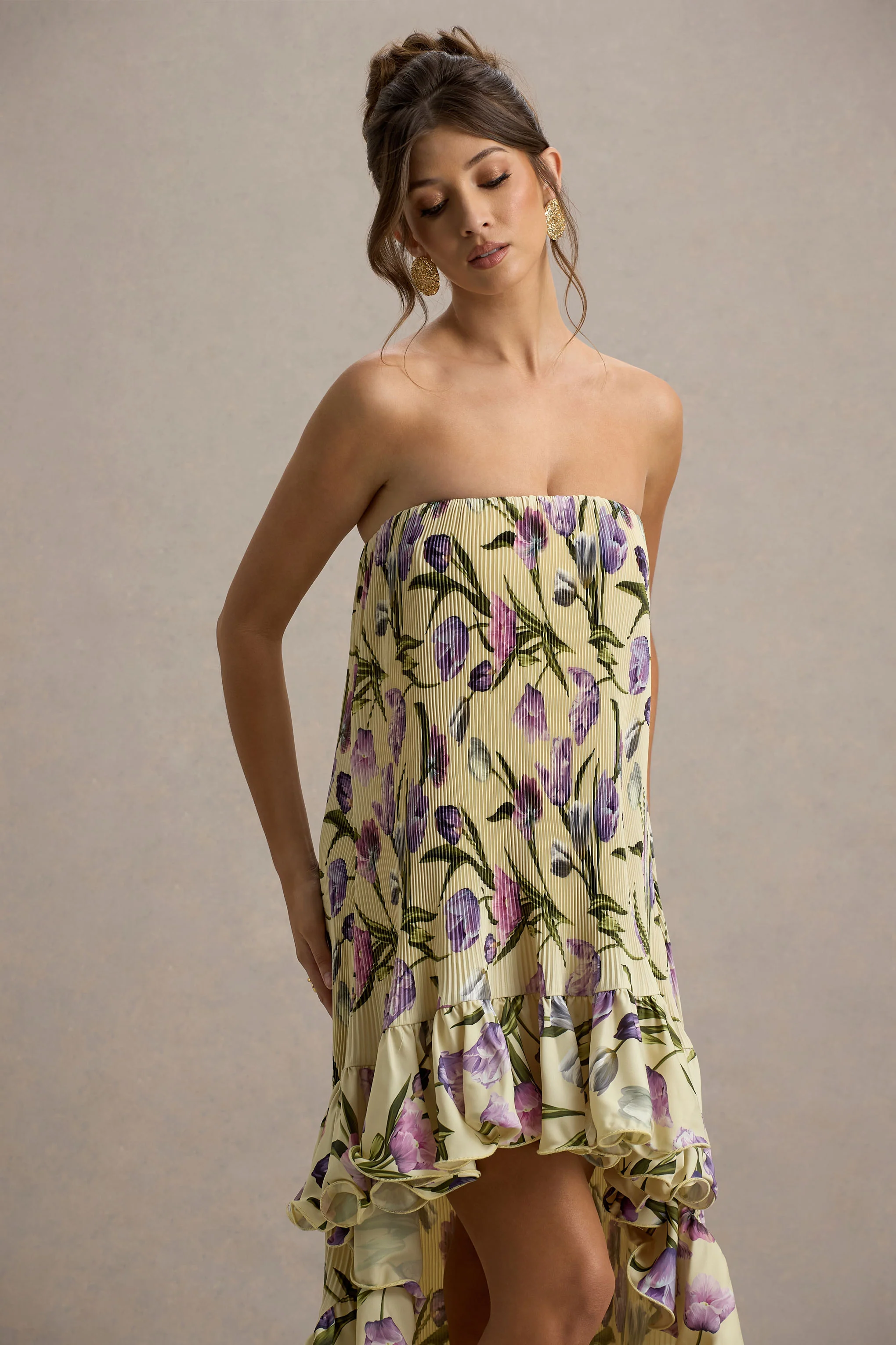Whistler | Tulip Floral Print Chiffon Bandeau High-Low Ruffled Maxi Dress - Image 4