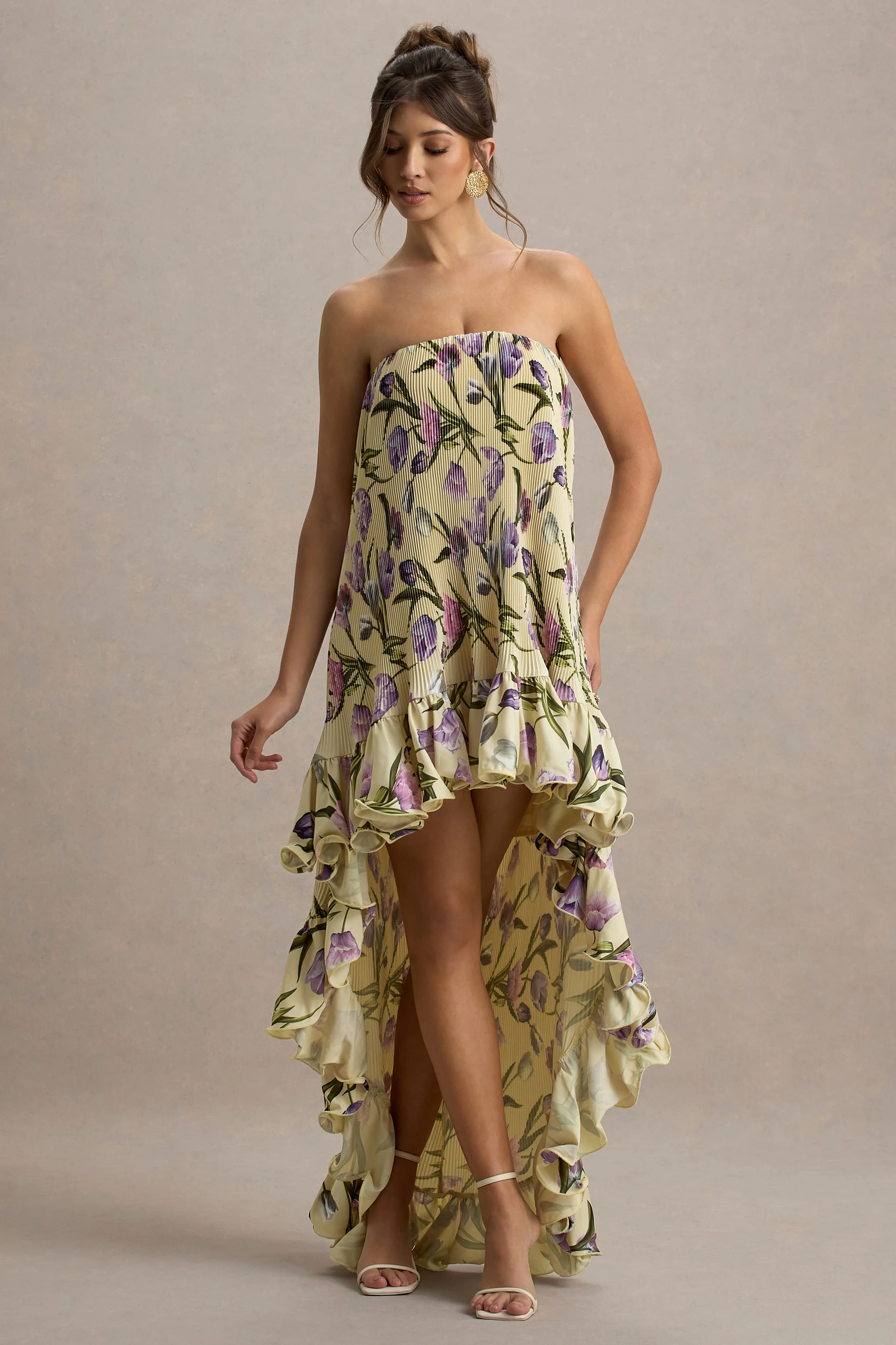 Whistler | Tulip Floral Print Chiffon Bandeau High-Low Ruffled Maxi Dress - Image 5