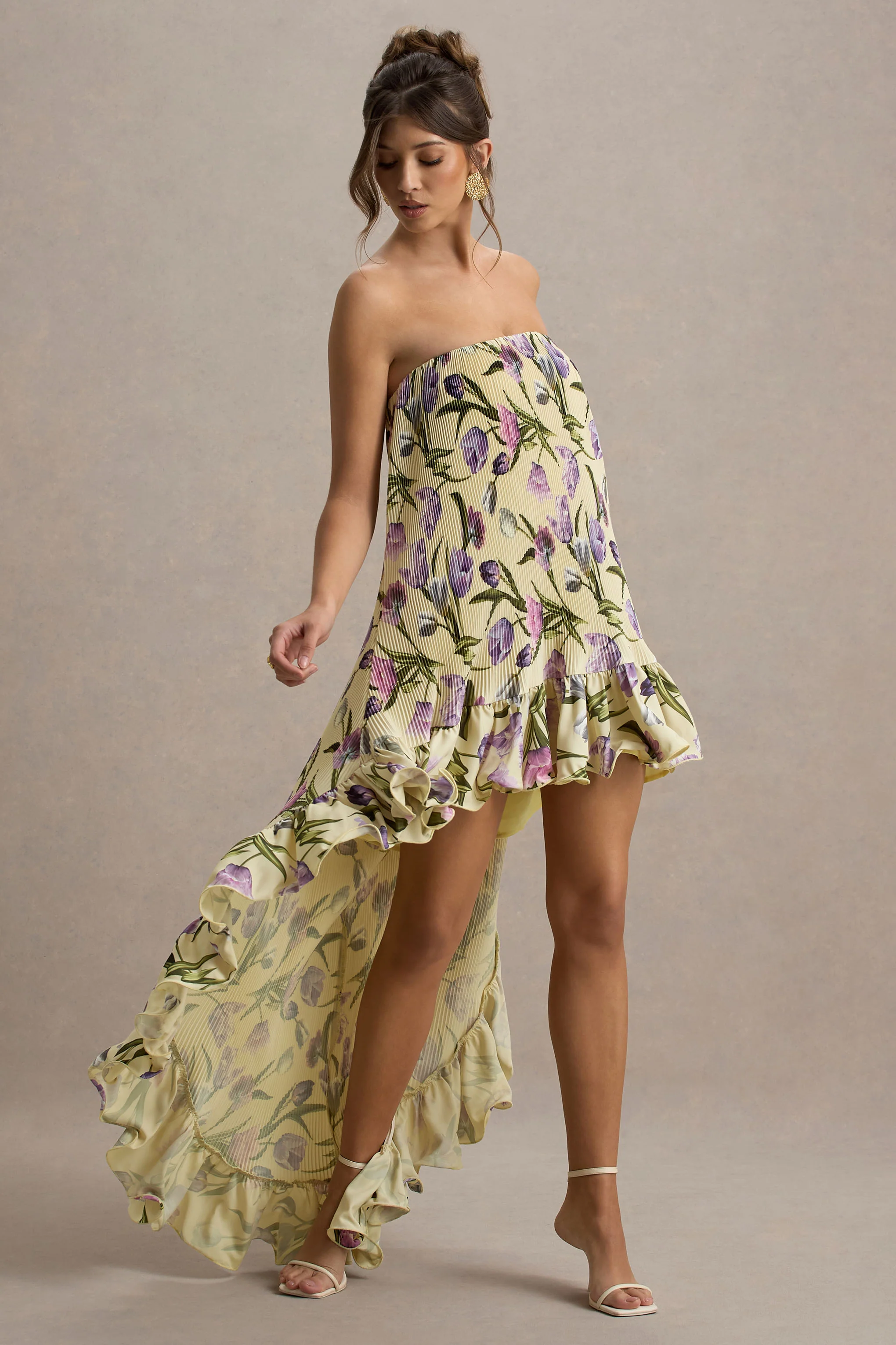 Whistler | Tulip Floral Print Chiffon Bandeau High-Low Ruffled Maxi Dress - Image 6