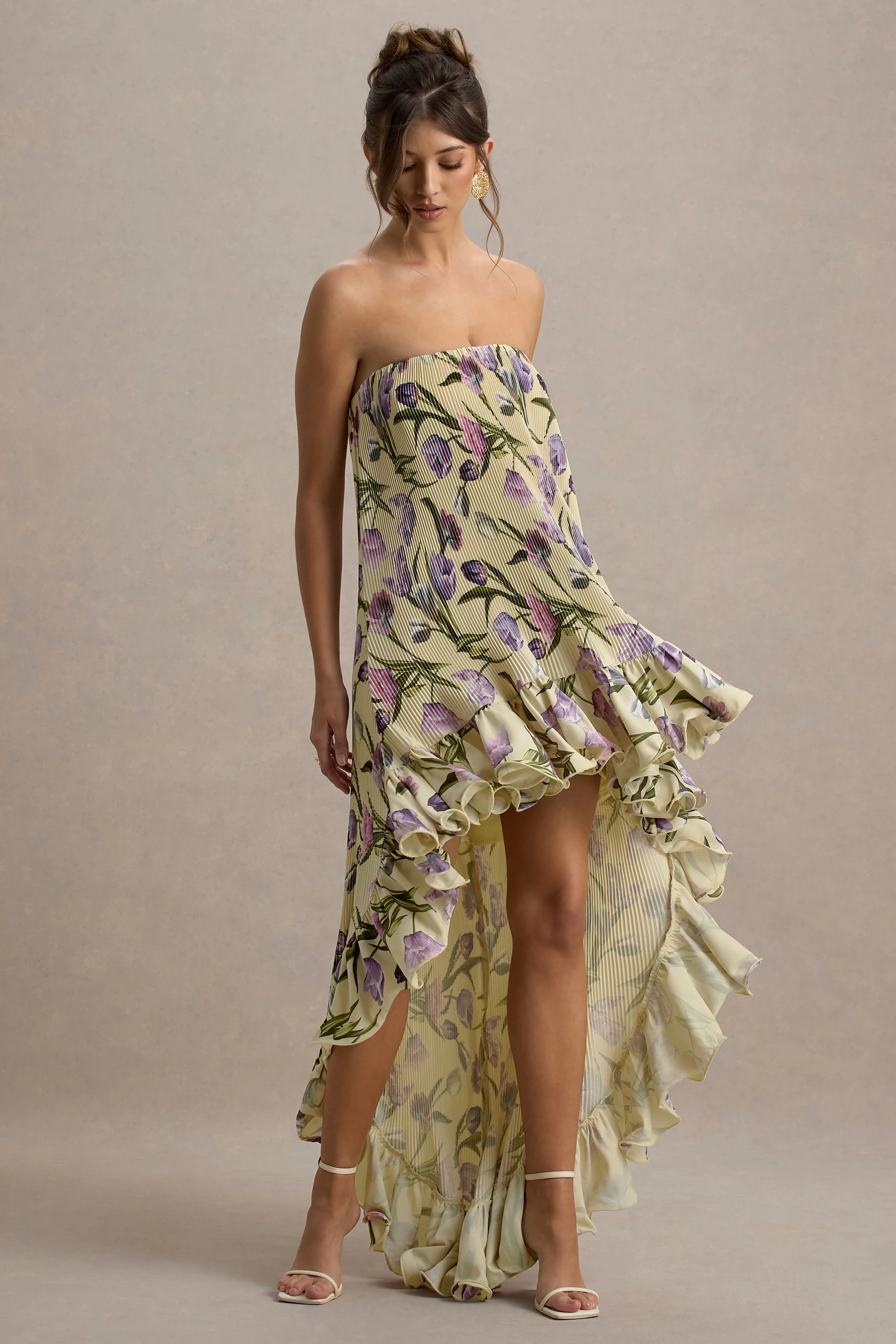 Whistler | Tulip Floral Print Chiffon Bandeau High-Low Ruffled Maxi Dress - Image 7